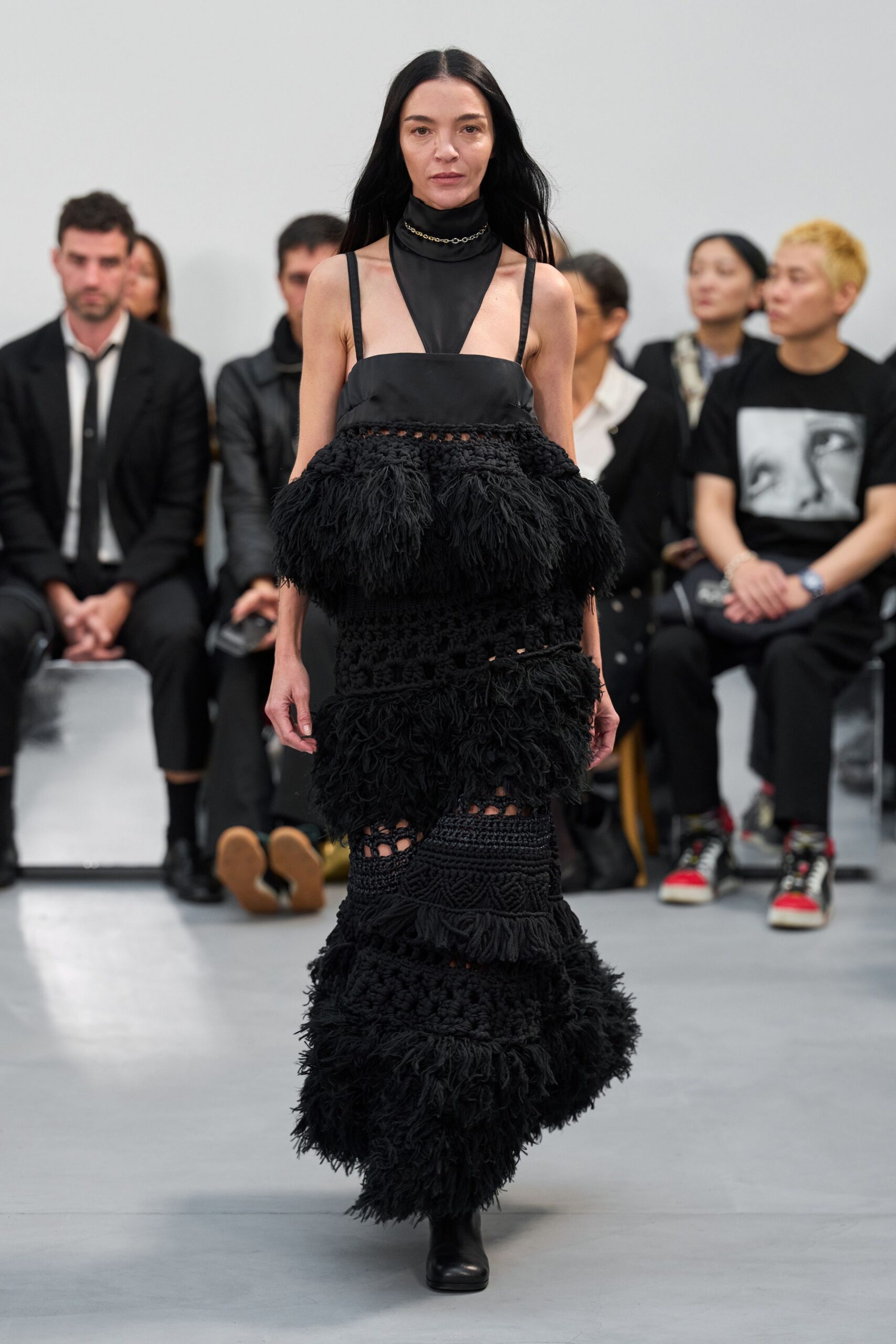 black cotton sleeveless high-neck fitted fringed layered gown