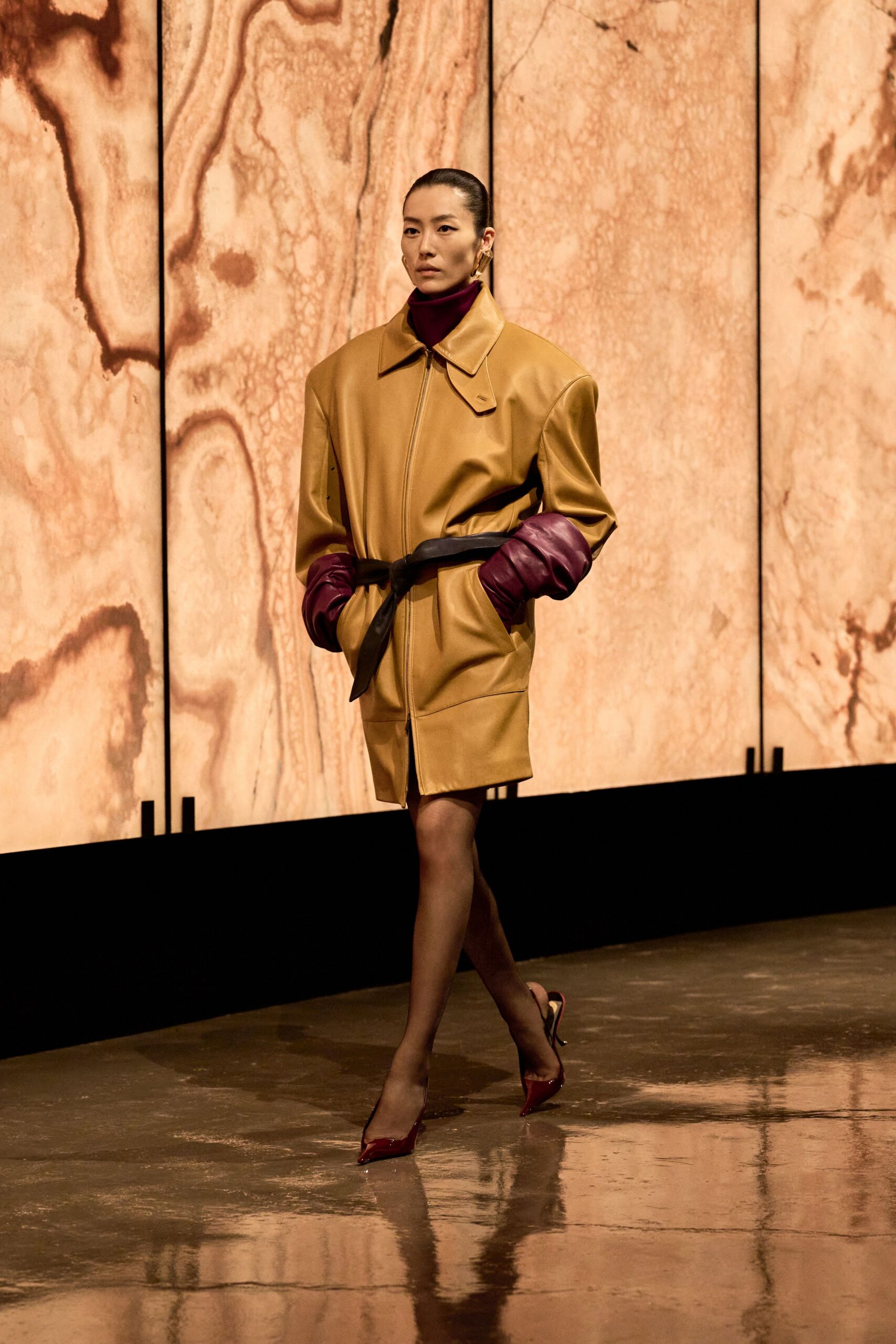 brown leather long-sleeve collared relaxed zippered belted coat