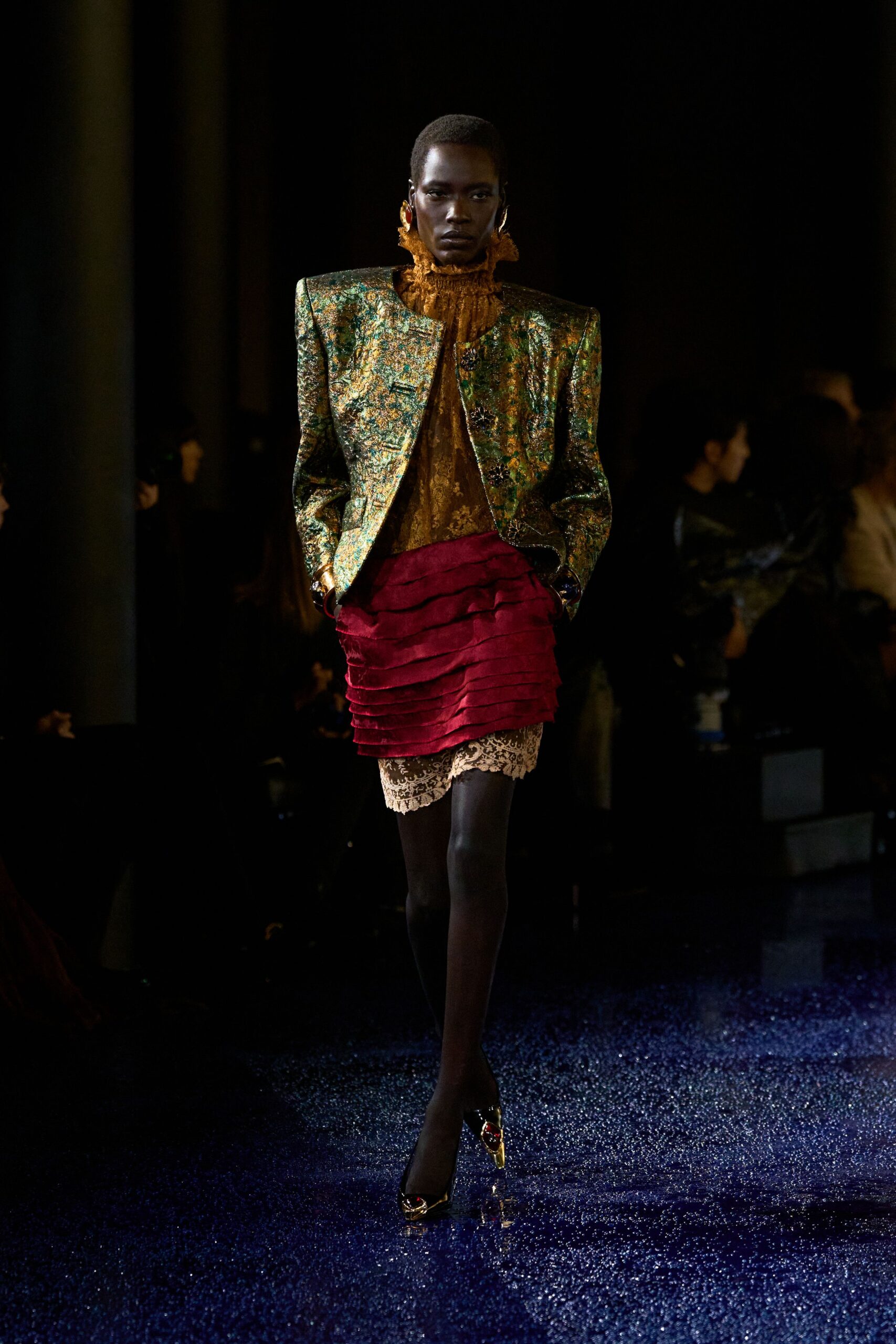 green silk long-sleeve collared structured embroidered jacket
