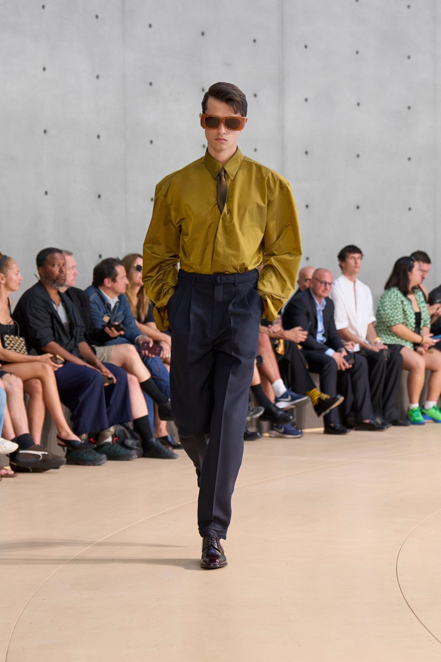 green relaxed shirt with tailored pants