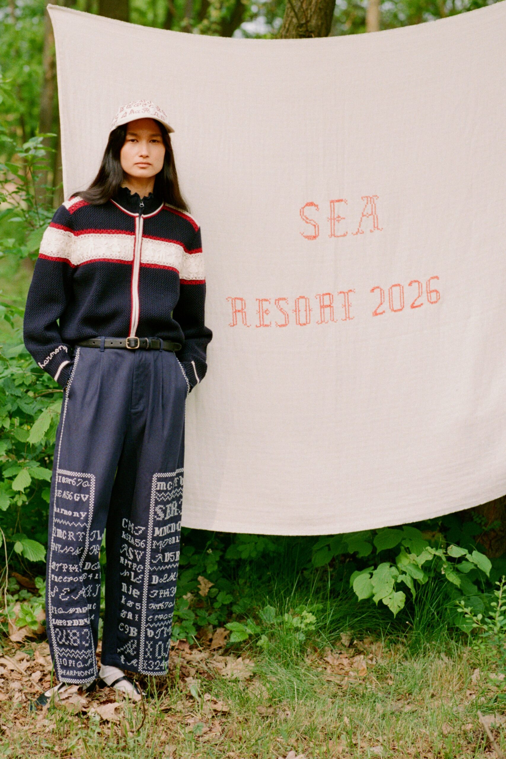 blue cotton long-sleeve relaxed zippered striped sweater