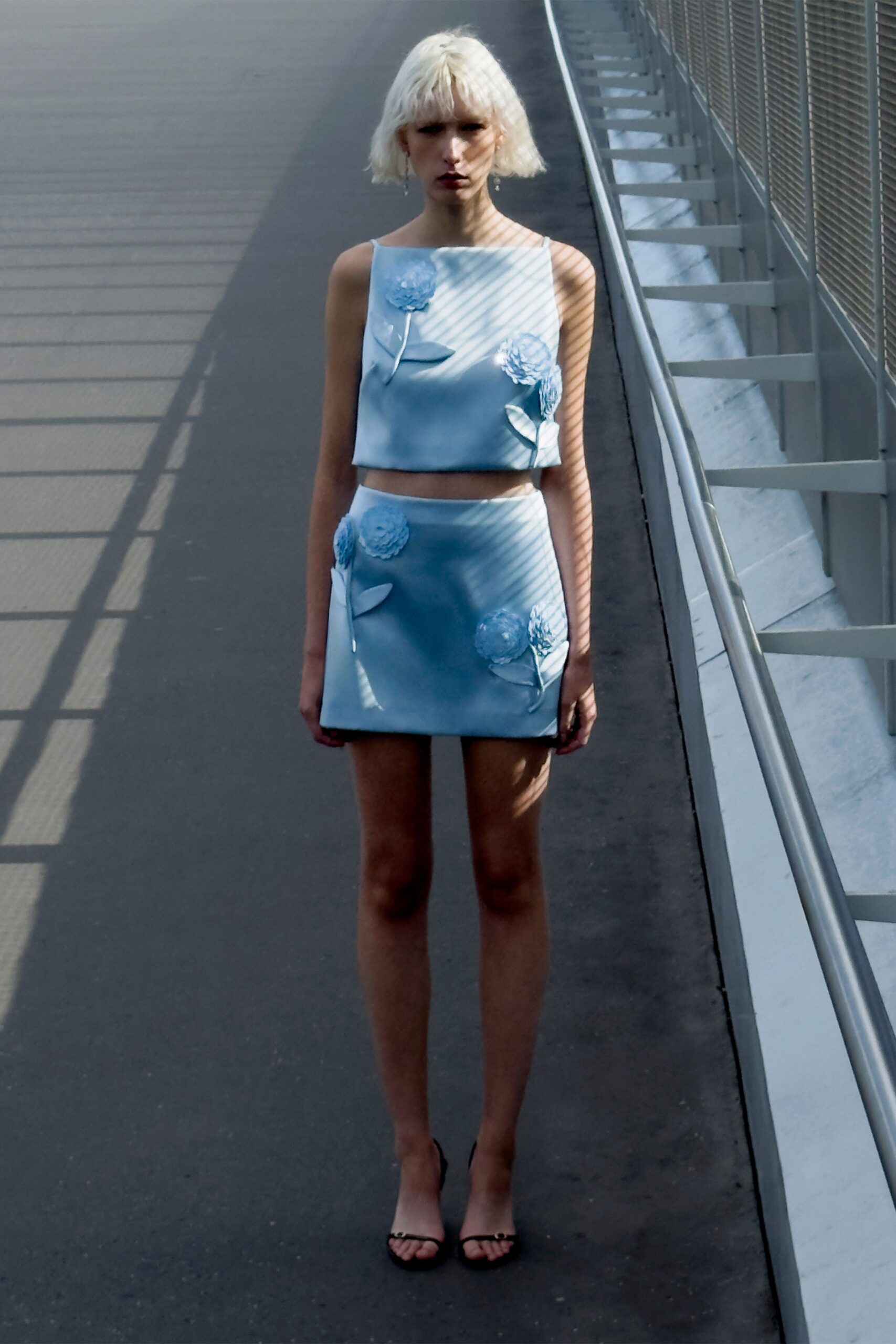 blue silk sleeveless square-neck fitted embroidered short crop-top