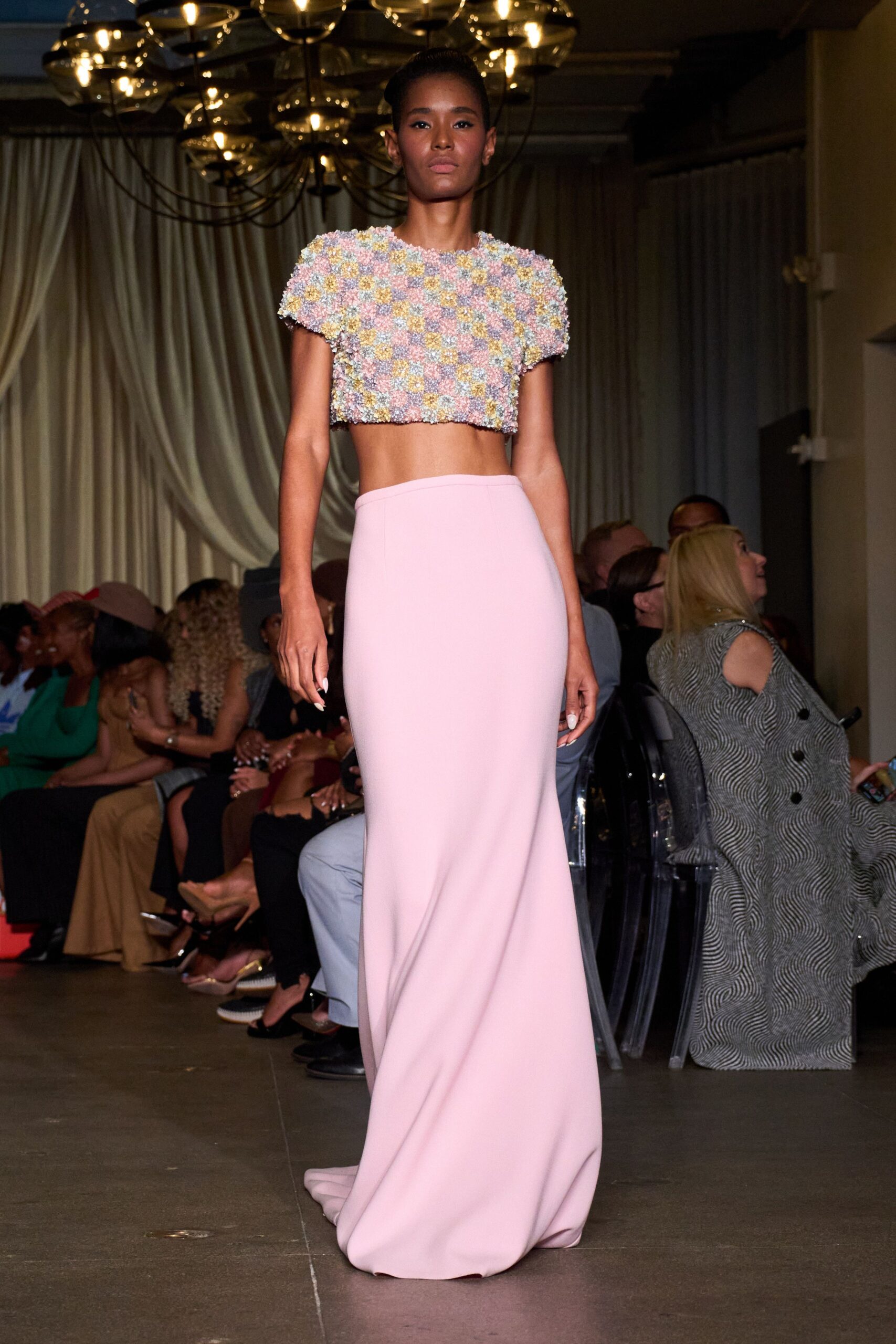 pink silk fitted high-waisted straight-leg flowing maxi skirt