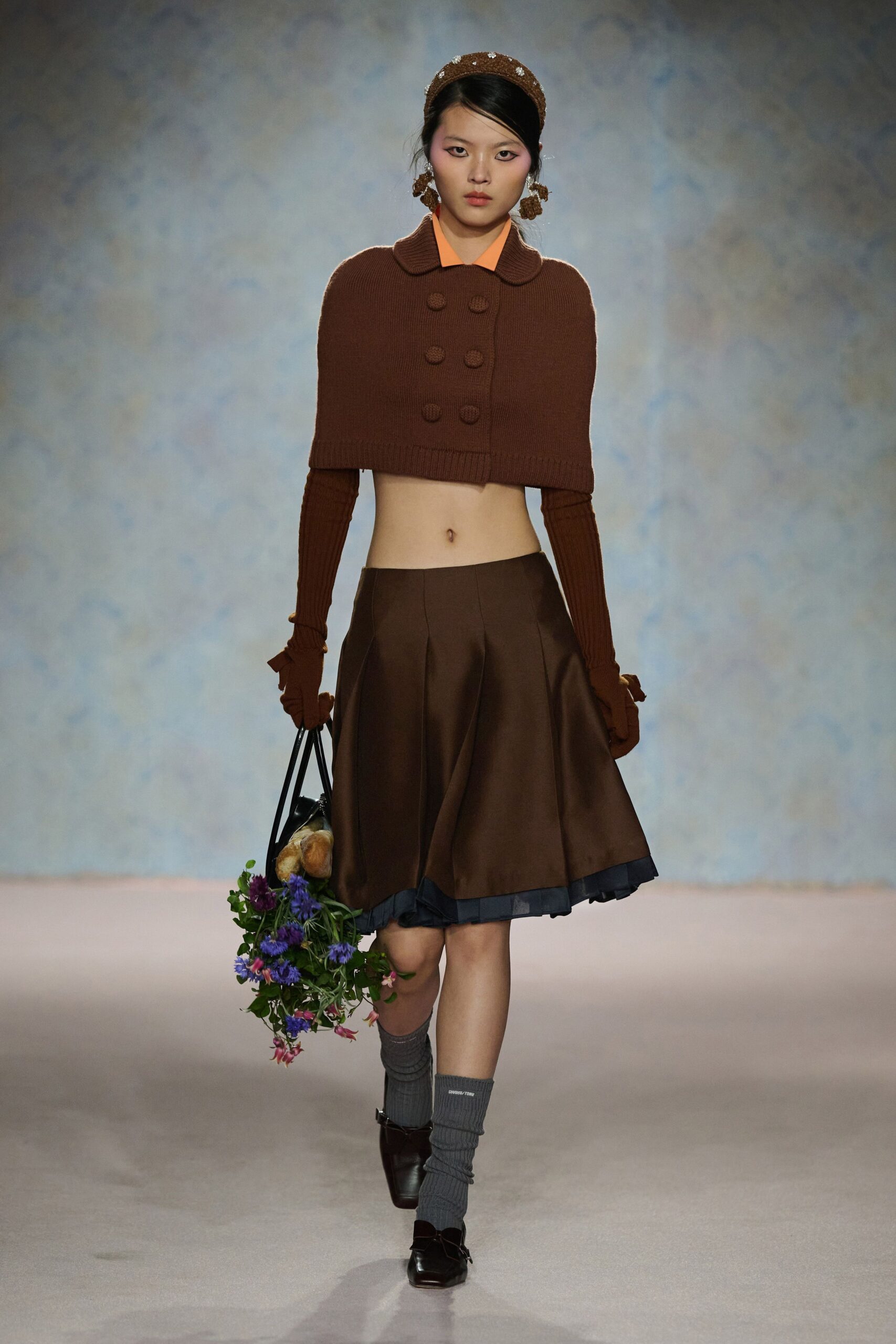 brown cotton relaxed flared mini skirt