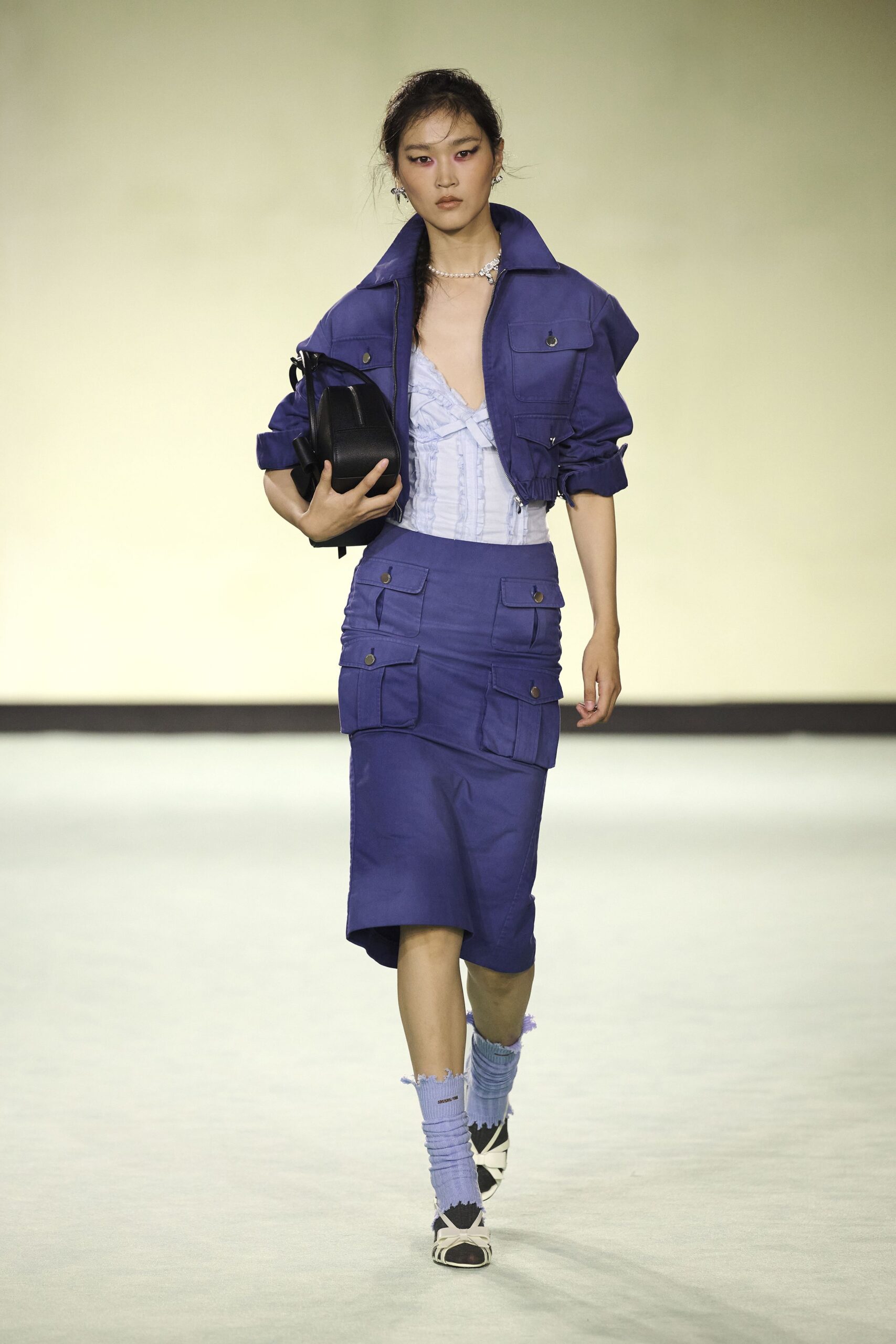 blue cotton short-sleeve collared structured zippered pockets jacket