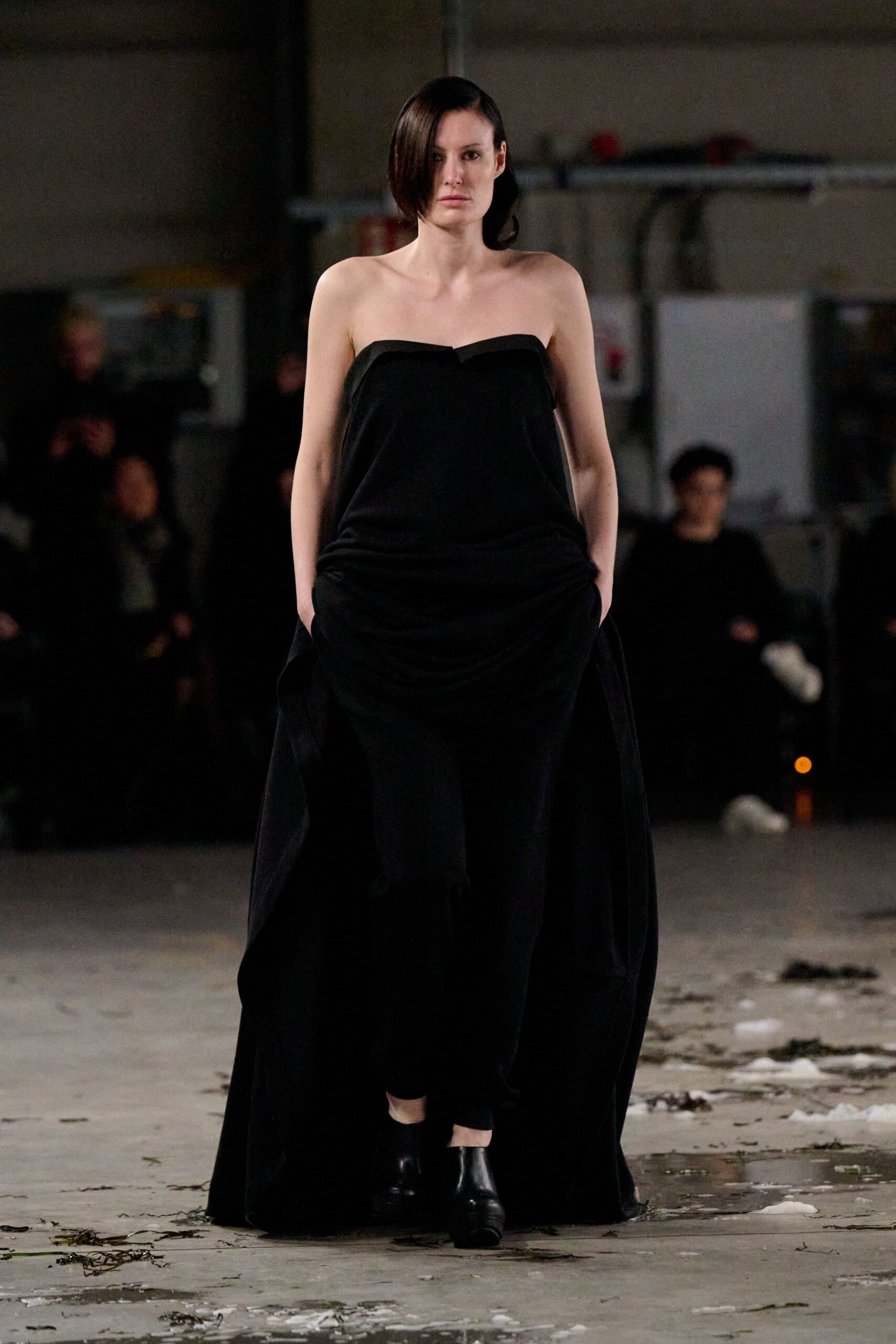 black cotton strapless fitted draped pockets midi dress