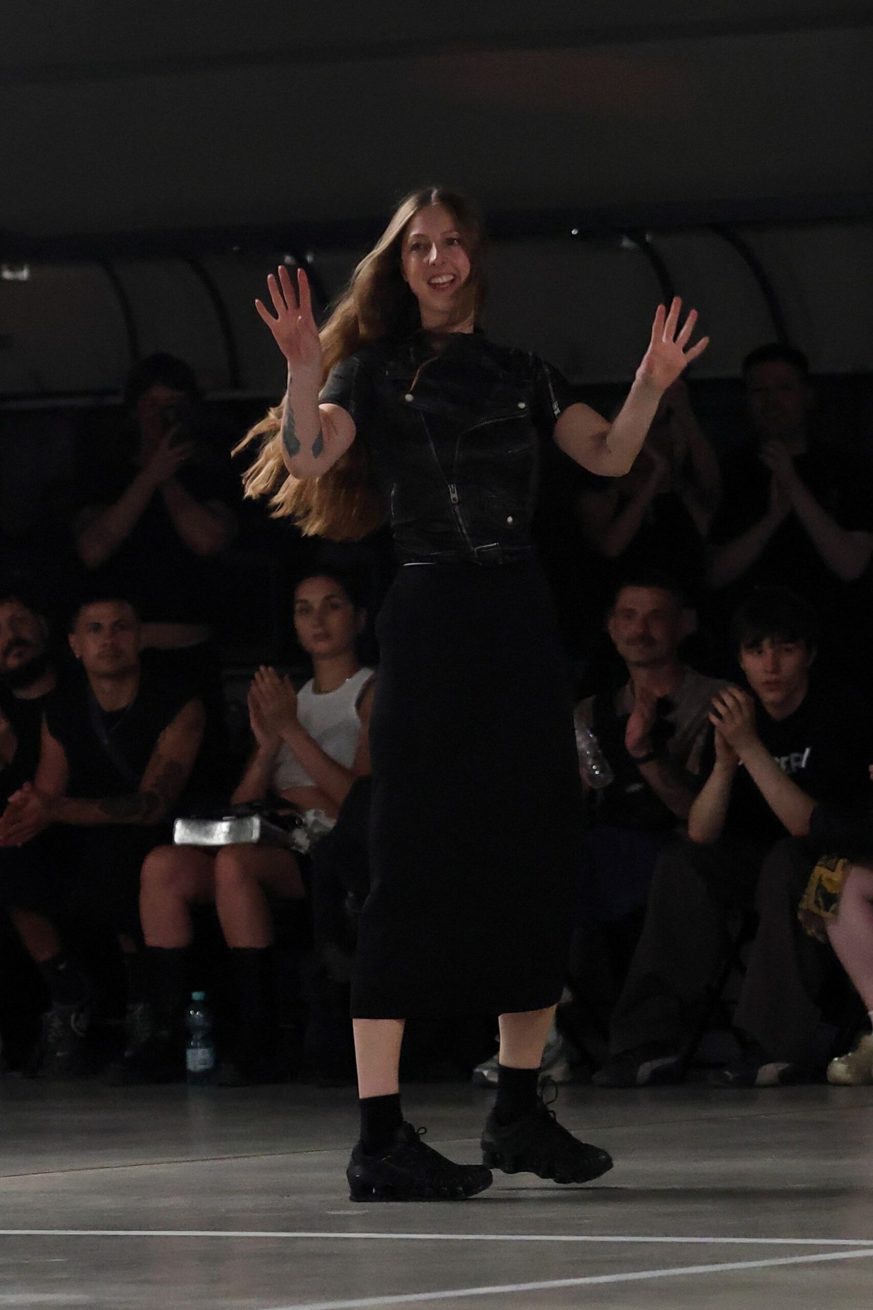 black leather fitted top and midi skirt