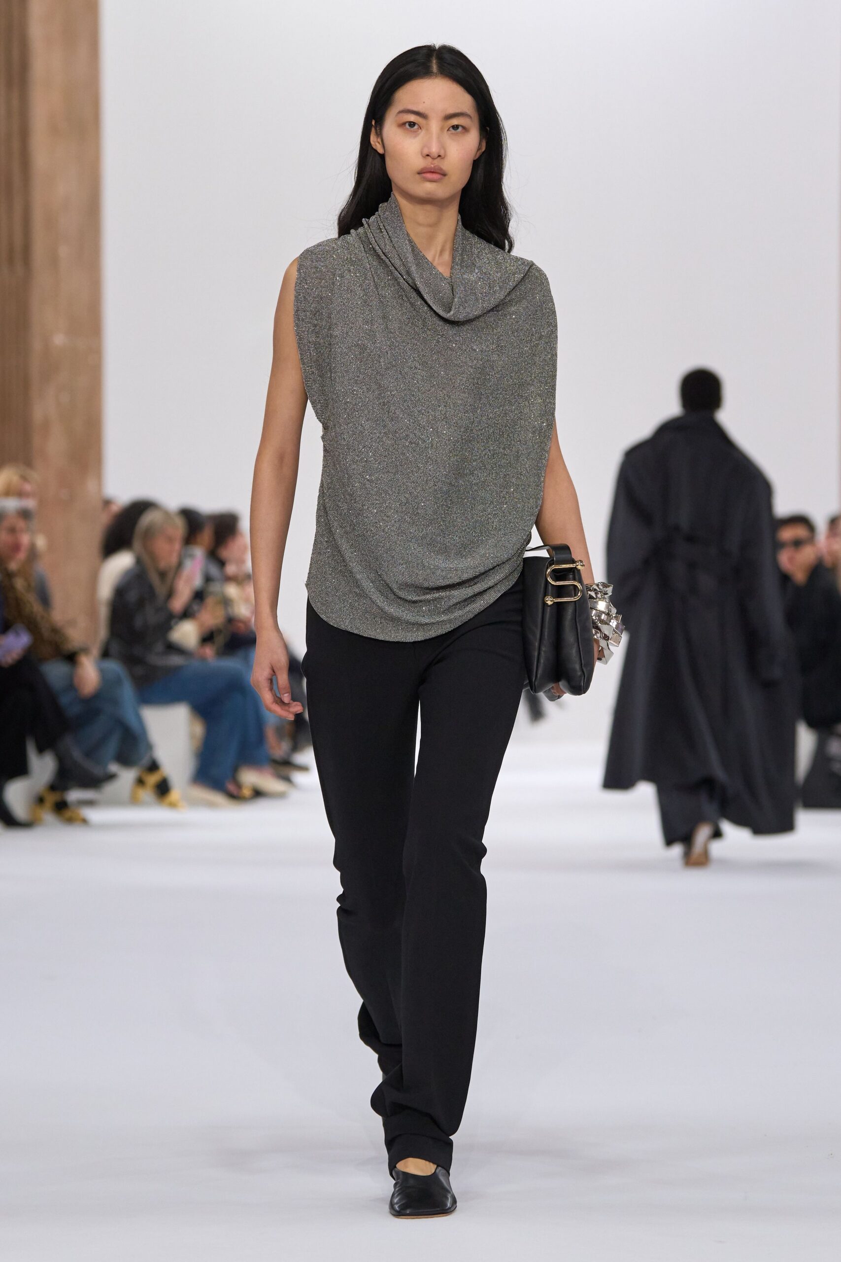 gray silk sleeveless high-neck relaxed draped top