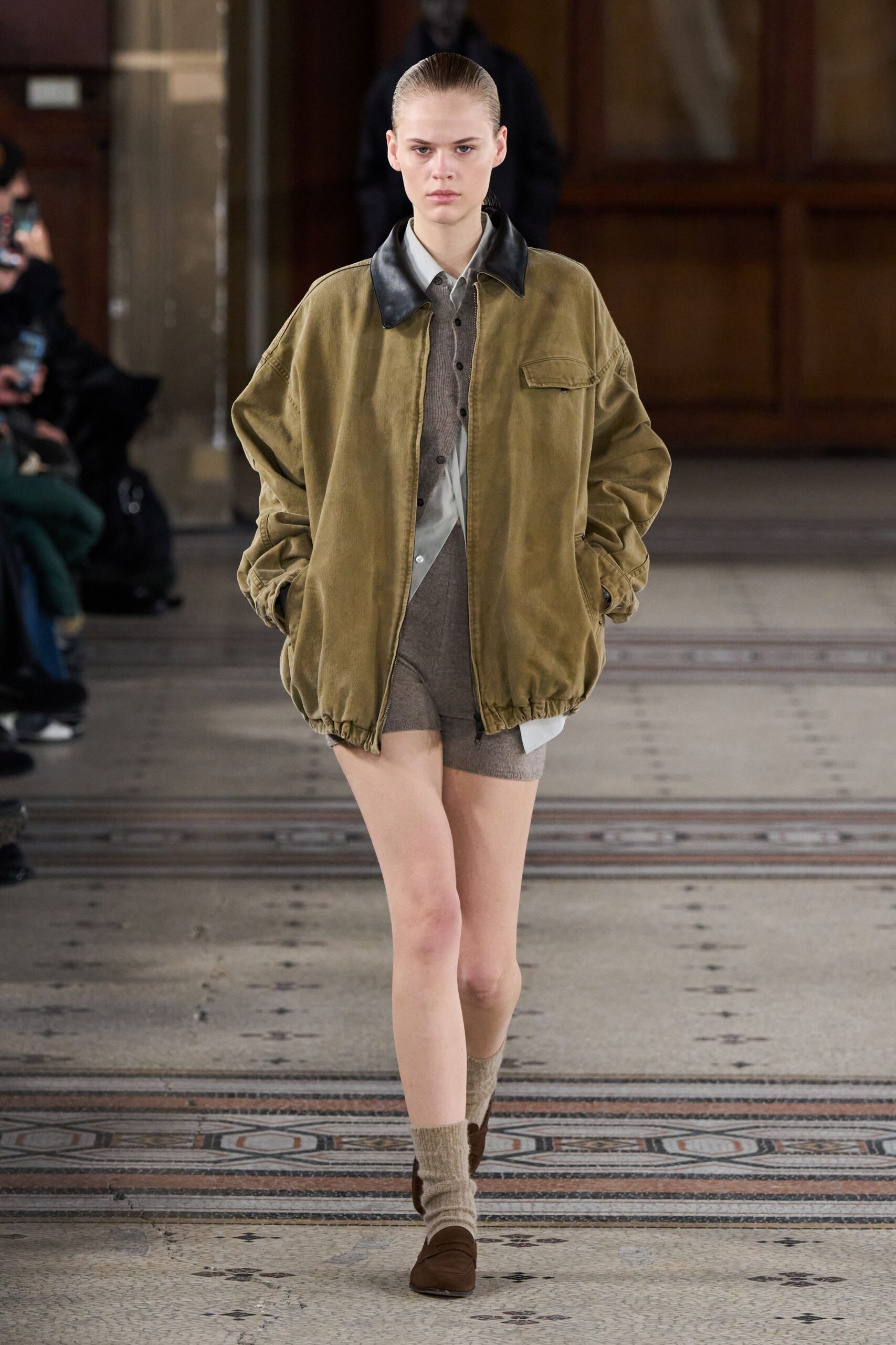 brown relaxed jacket with gray shirt