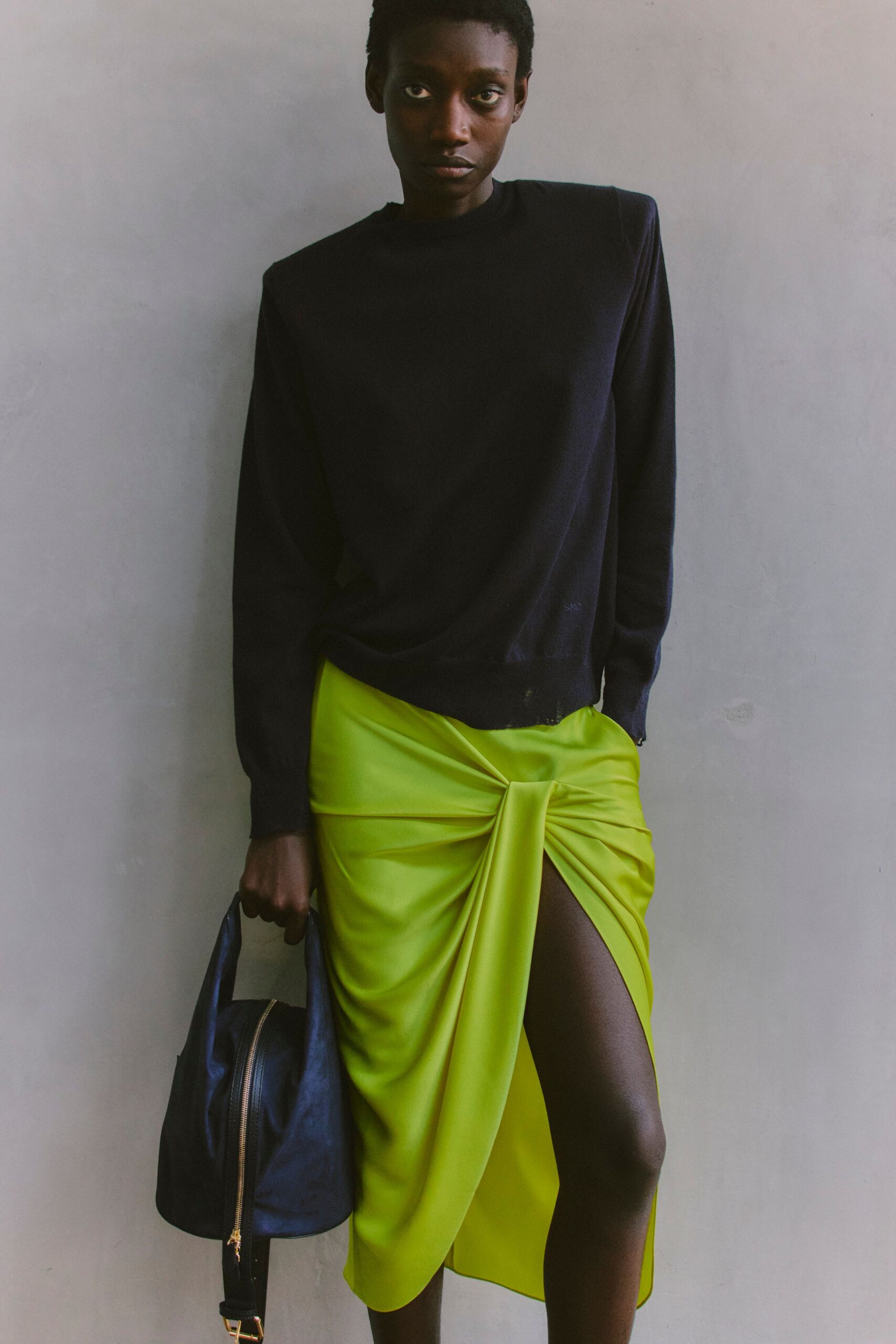 green silk slit fitted high-waisted draped skirt