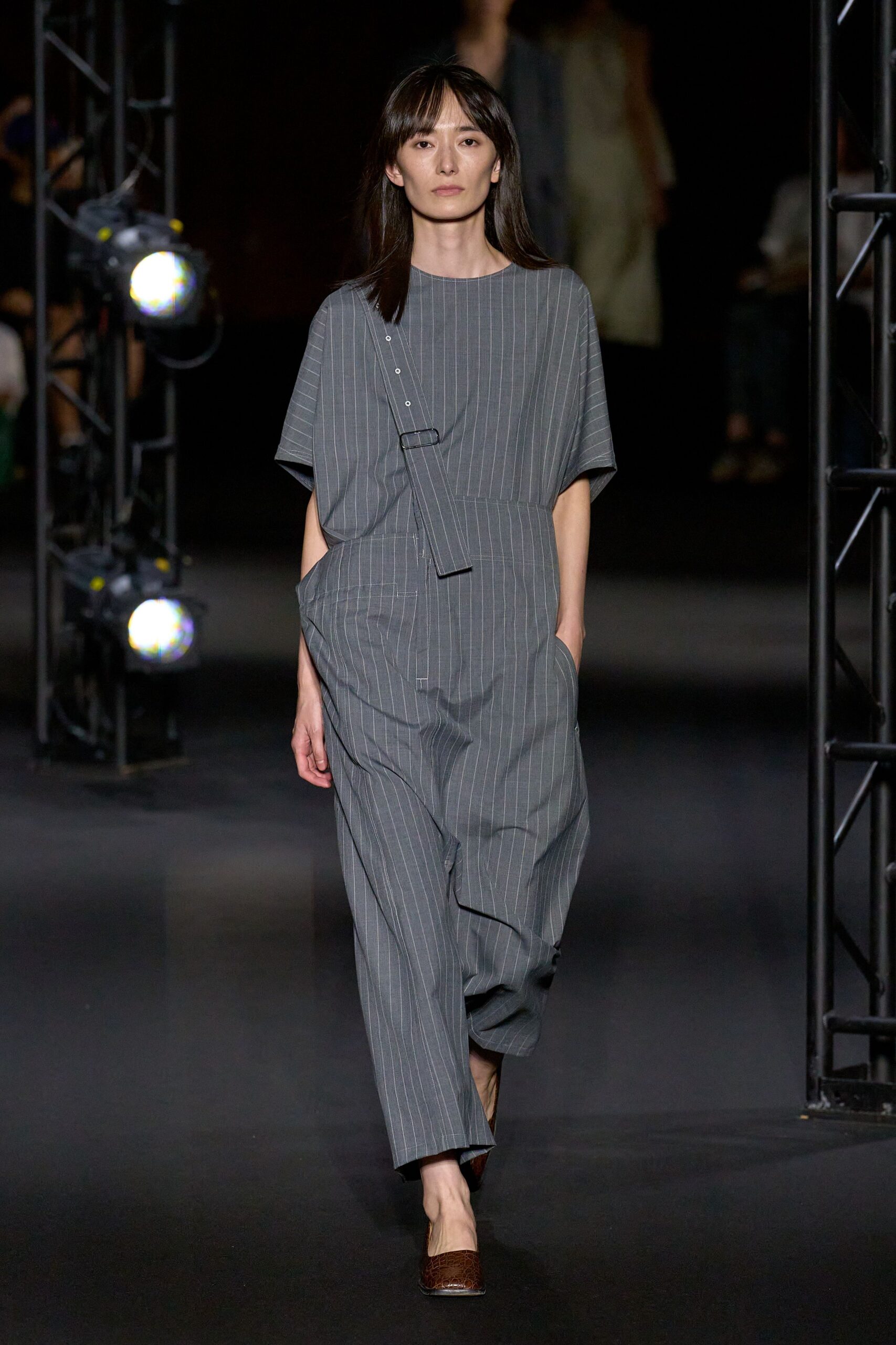 gray cotton short-sleeve collared relaxed striped jumpsuit
