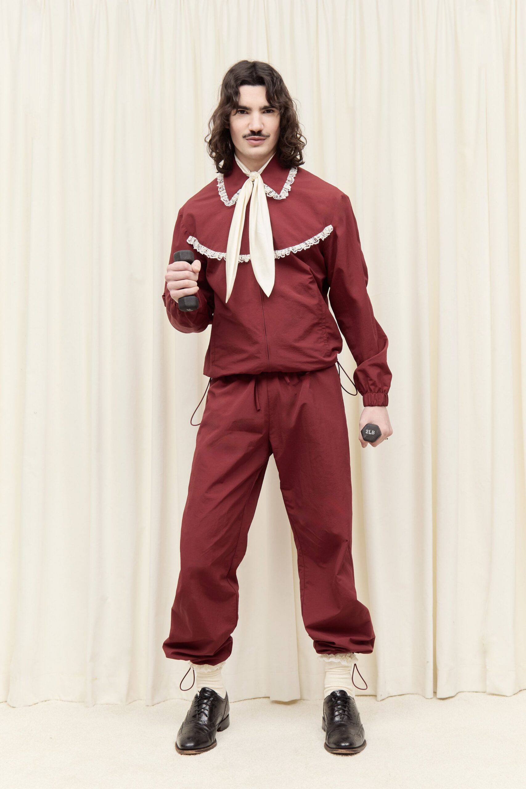 red cotton long-sleeve collared relaxed ruffled jacket