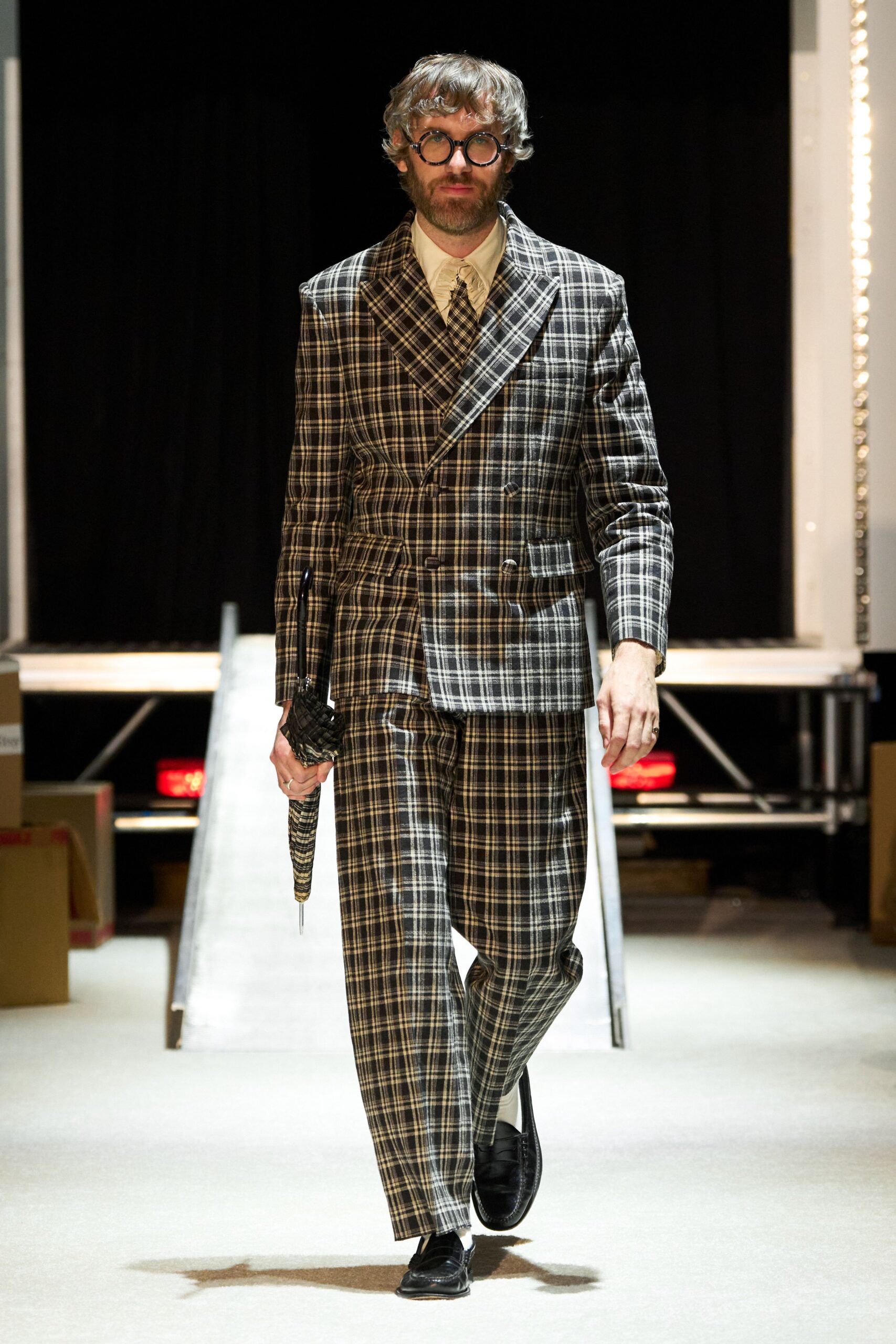 black and white checked suit