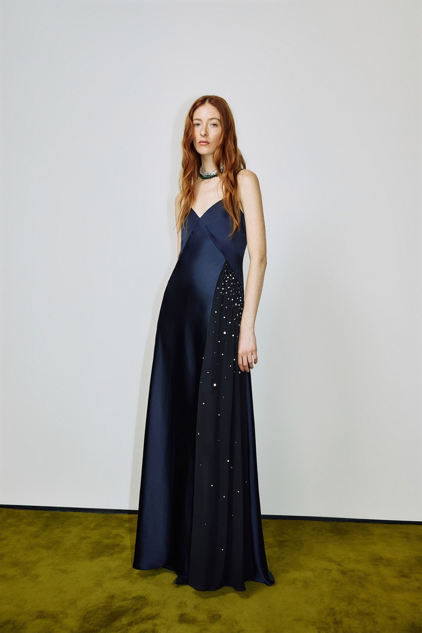 navy silk sleeveless gown
