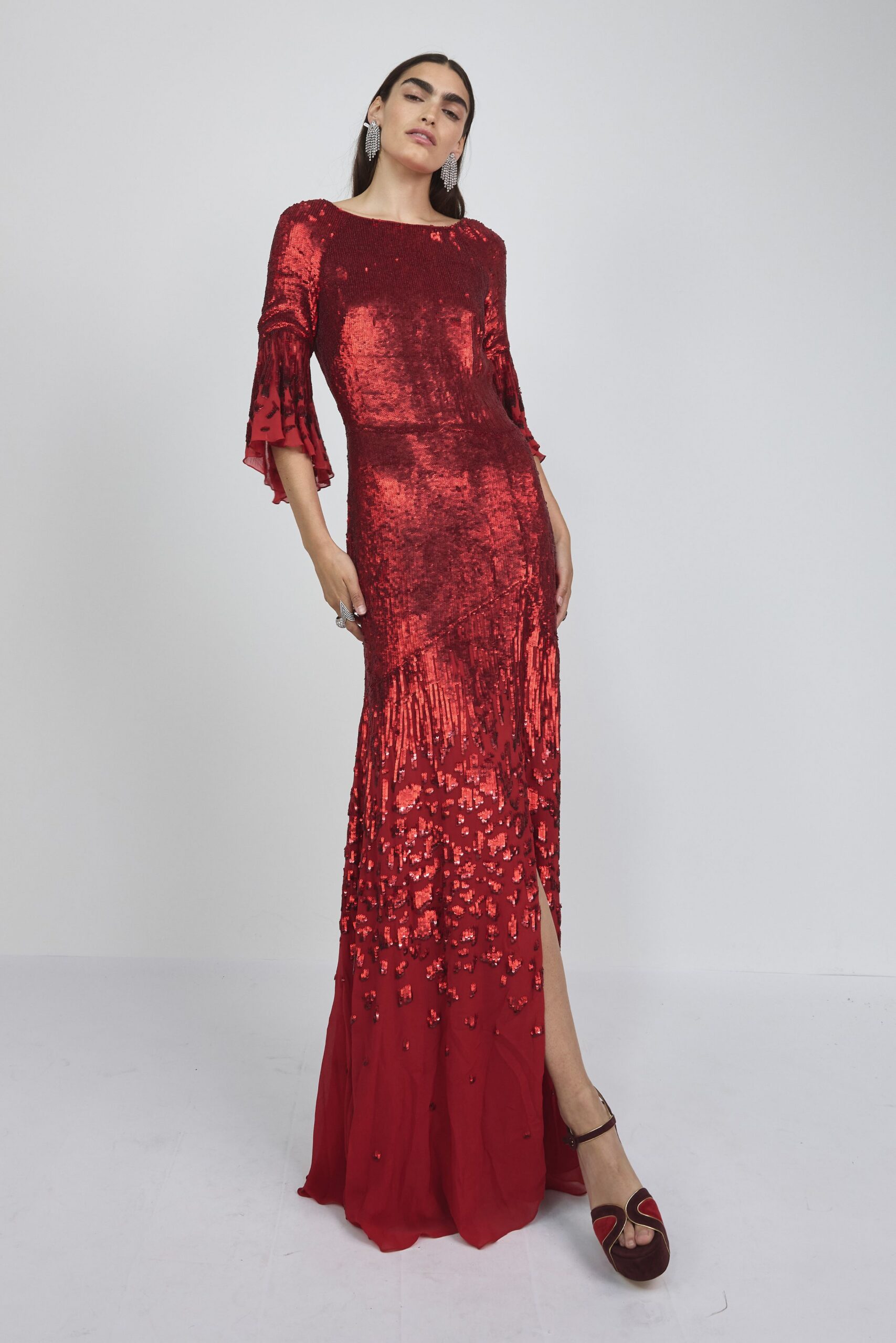 red sequin long-sleeve high-neck fitted ruffled shiny gown