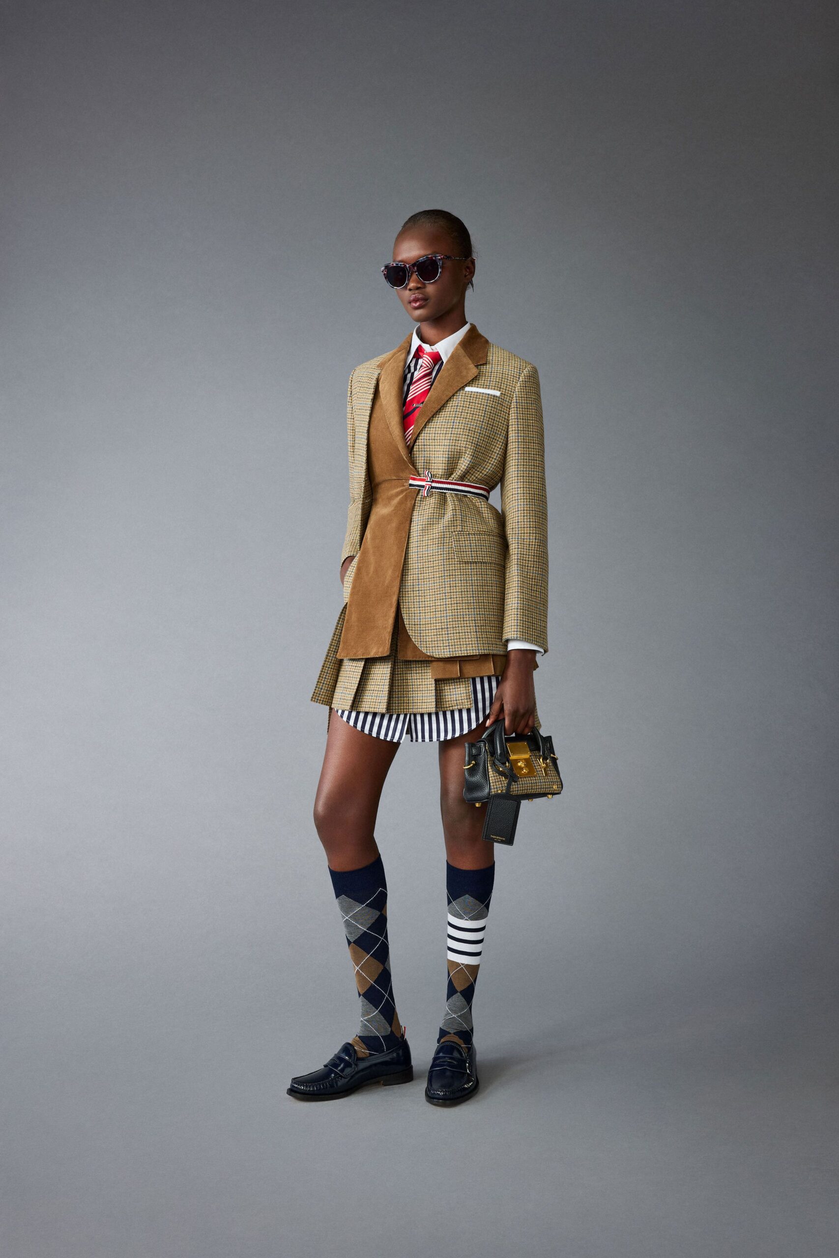 brown cotton long-sleeve collared tailored checked belted blazer