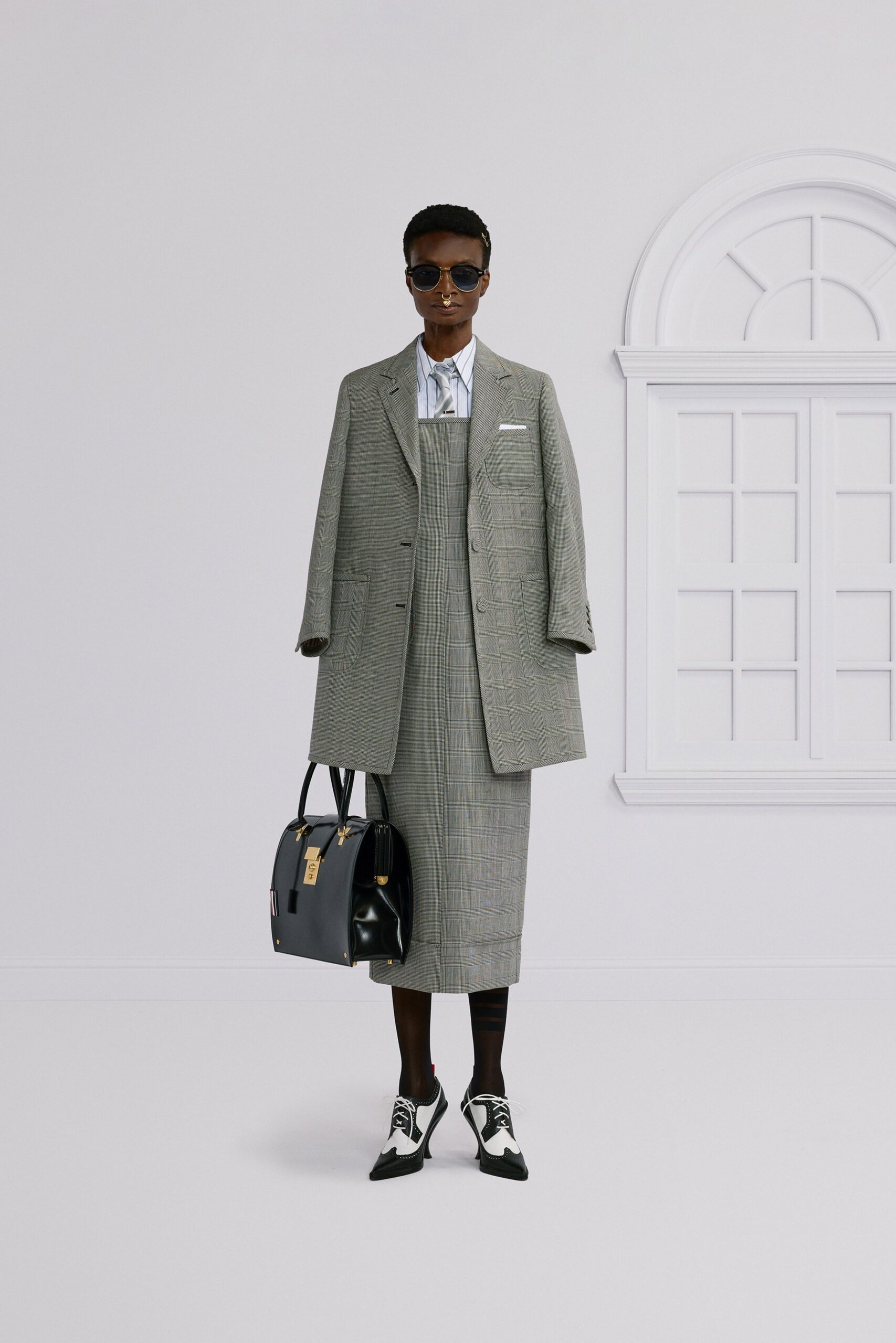 gray tailored blazer and pencil skirt