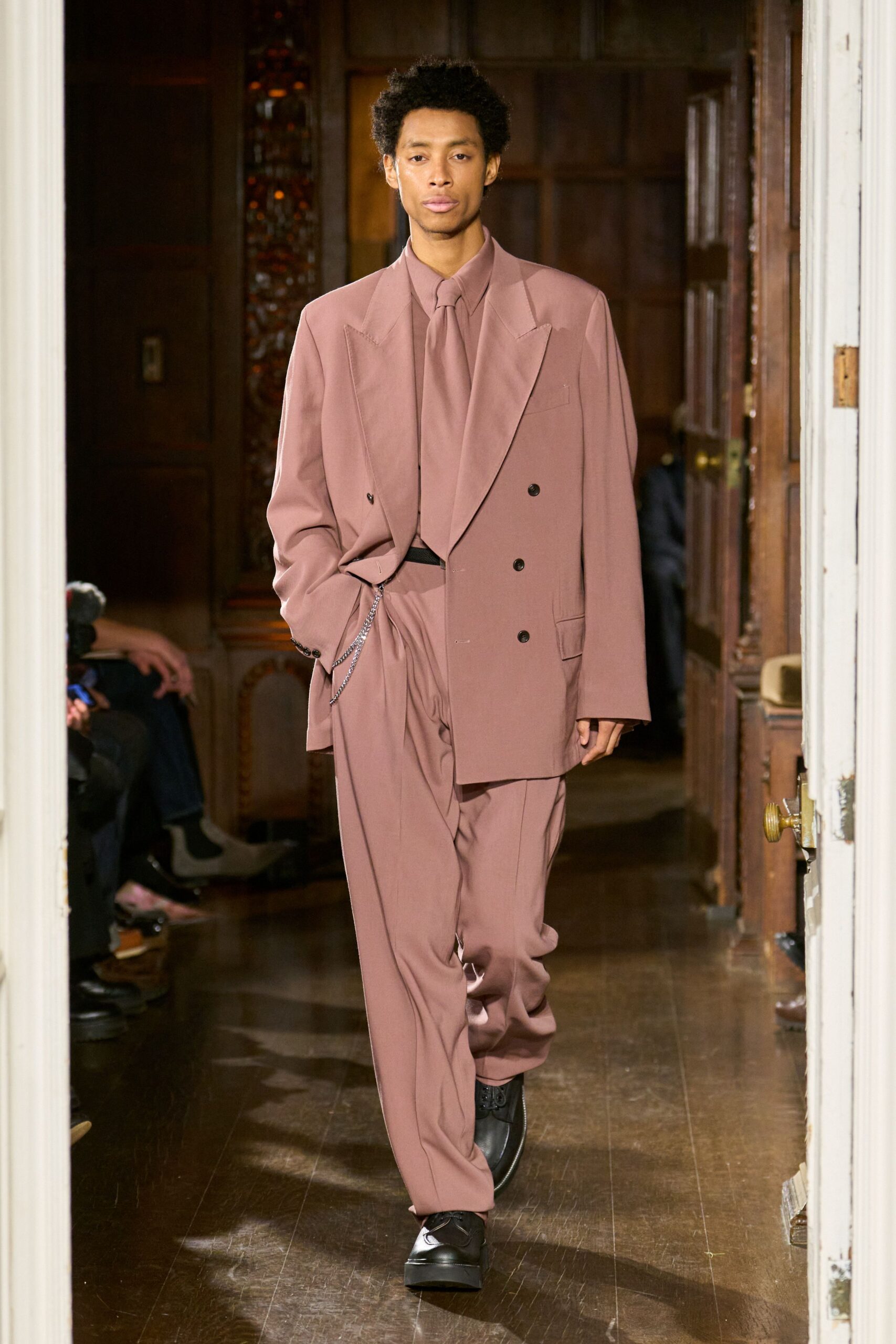 pink wool long-sleeve collared tailored suit