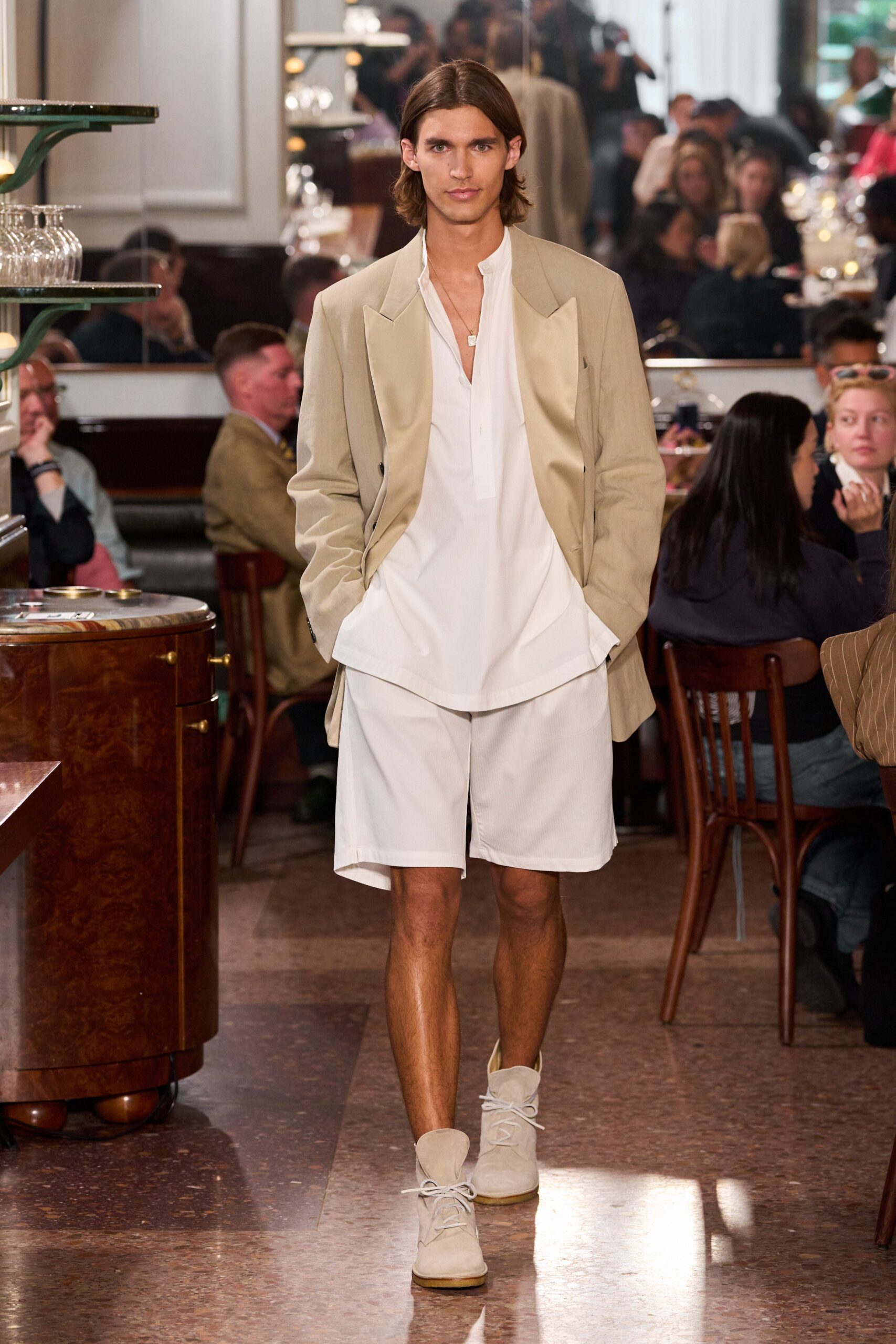 beige cotton long-sleeve collared structured blazer