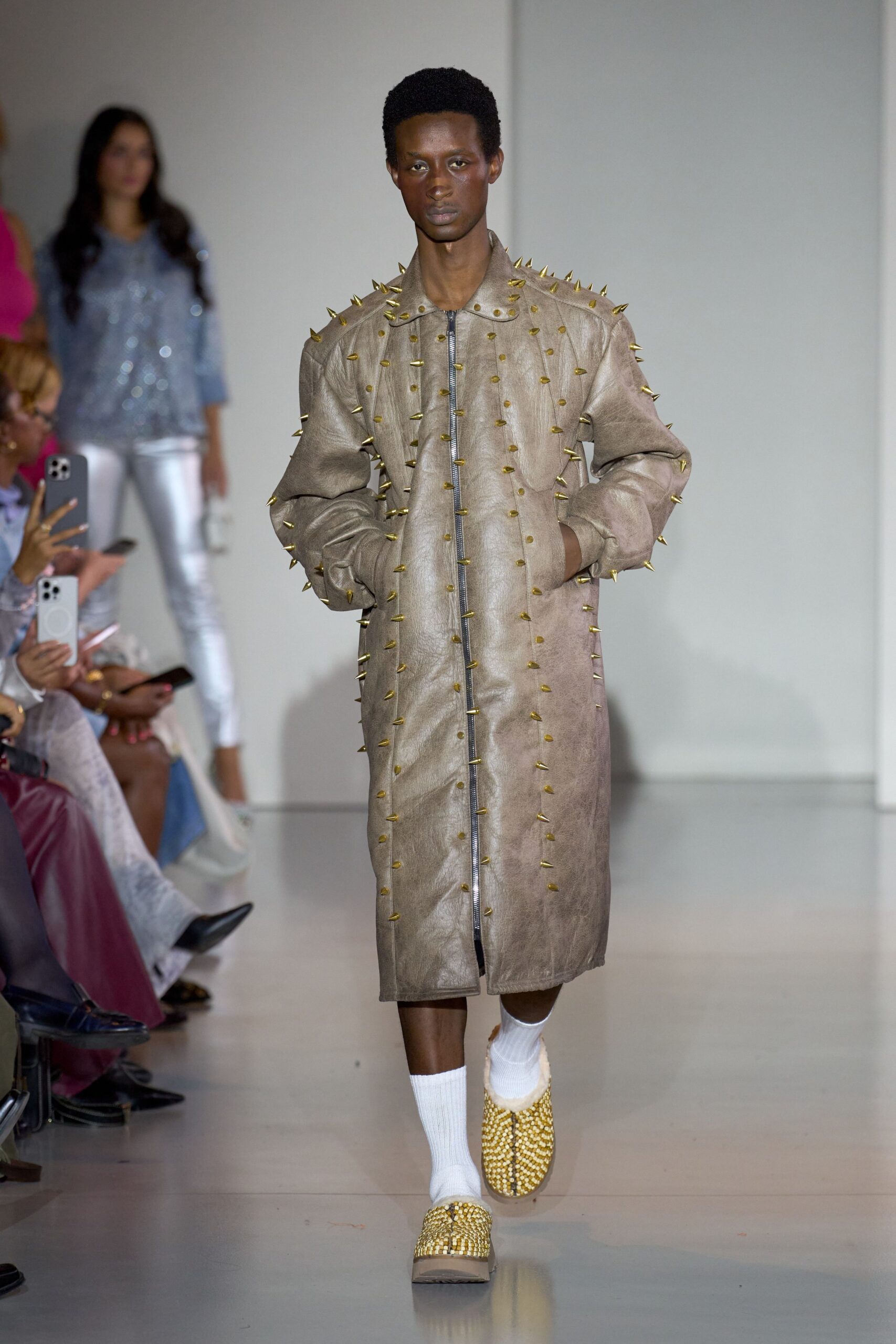 beige leather long-sleeve collared relaxed spiked midi coat