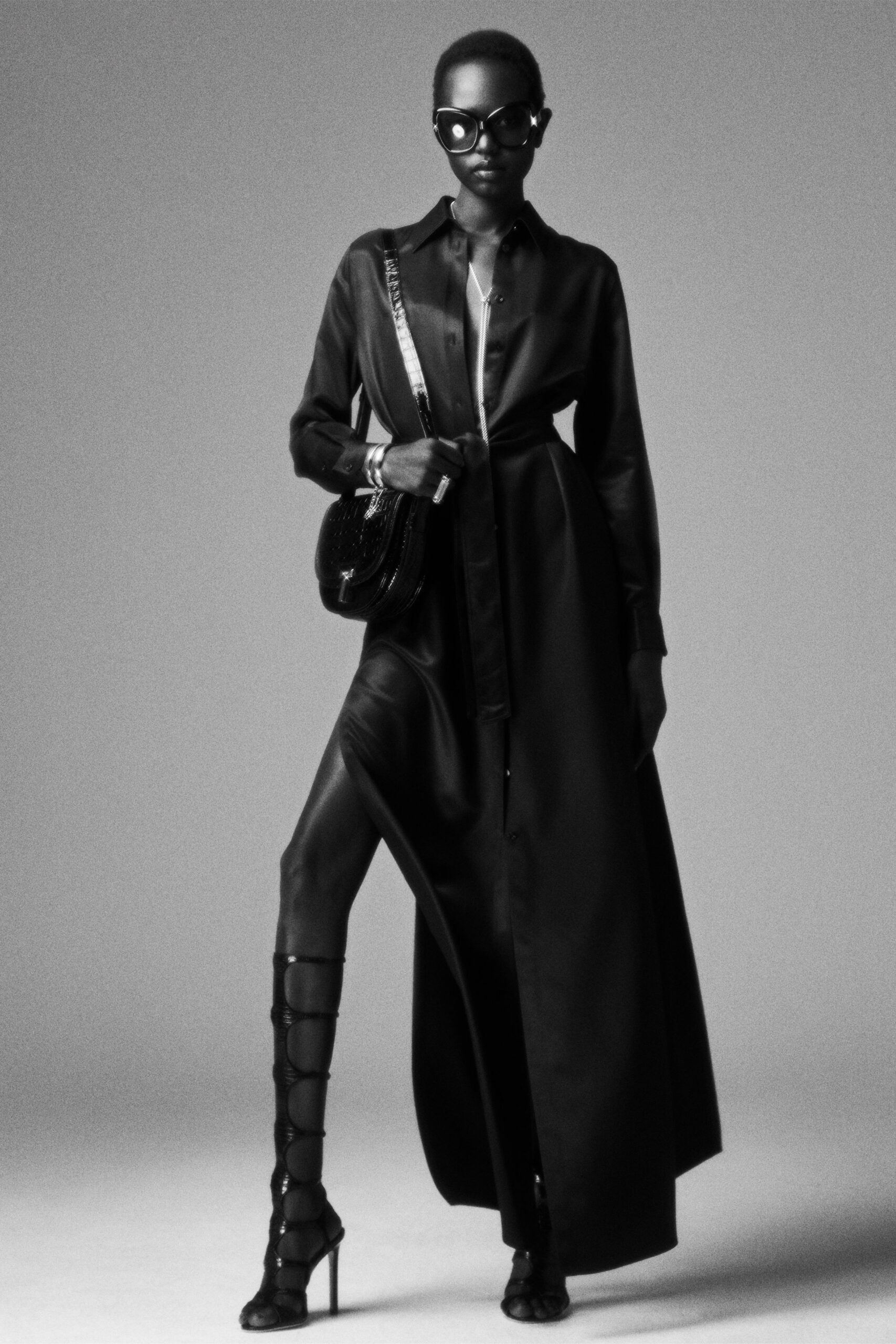 black silk long-sleeve collared fitted buttoned tiered shirt-dress