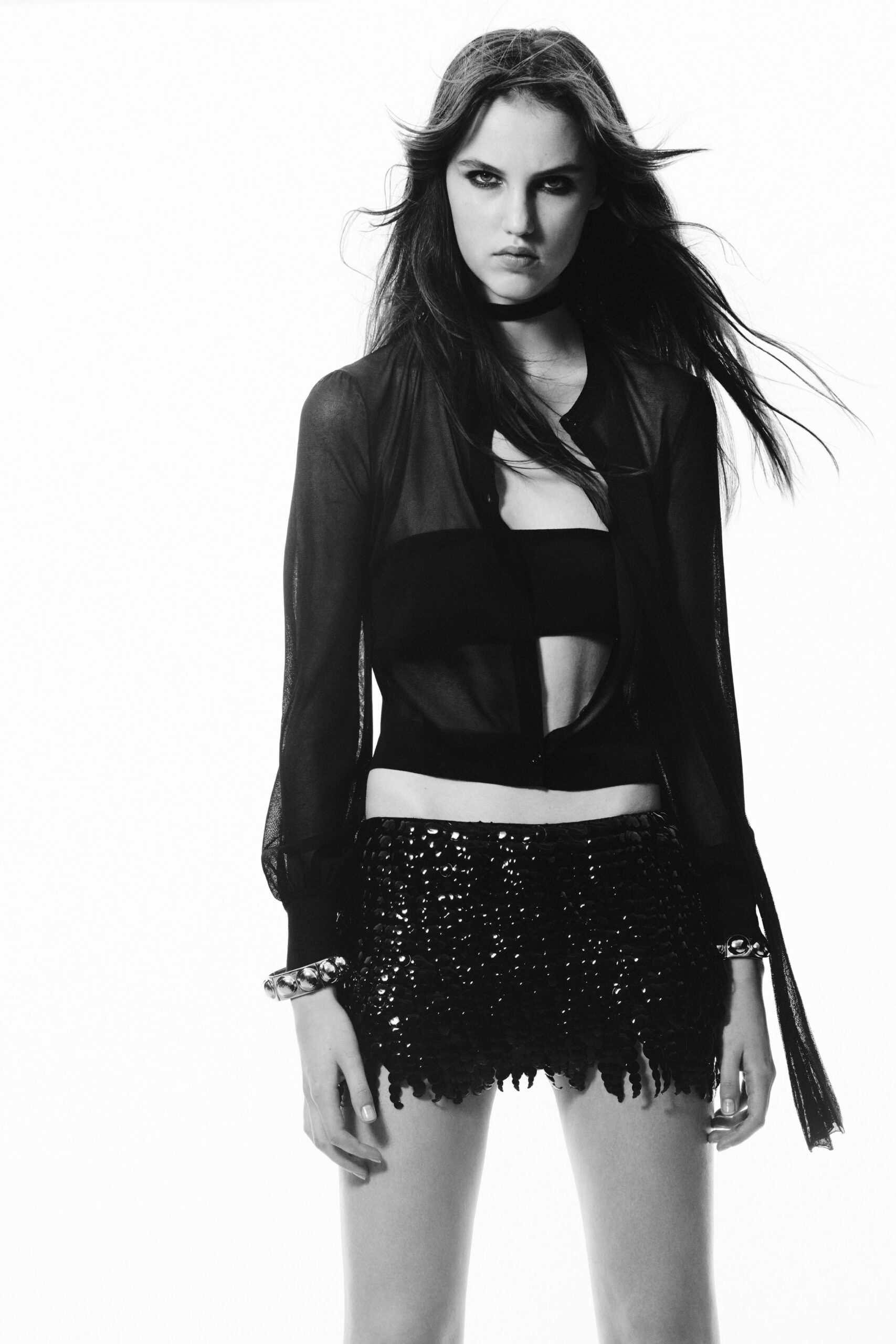 black silk long-sleeve collared fitted sheer top