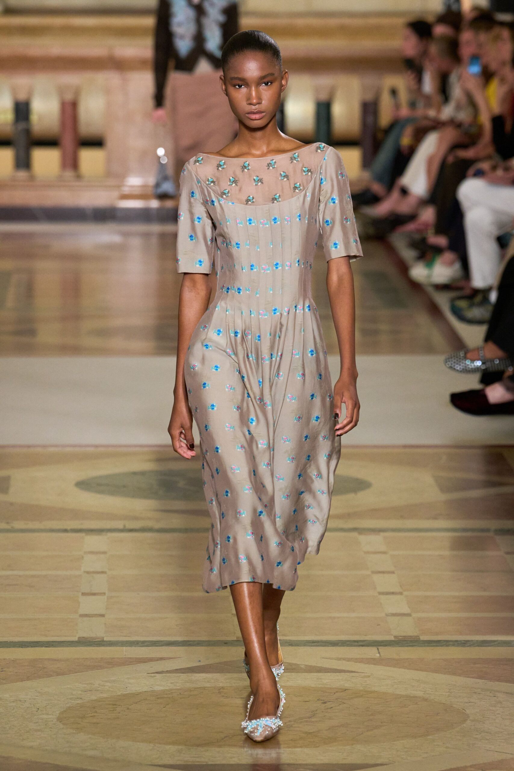 beige silk short-sleeve v-neck fitted pleated embroidered dress