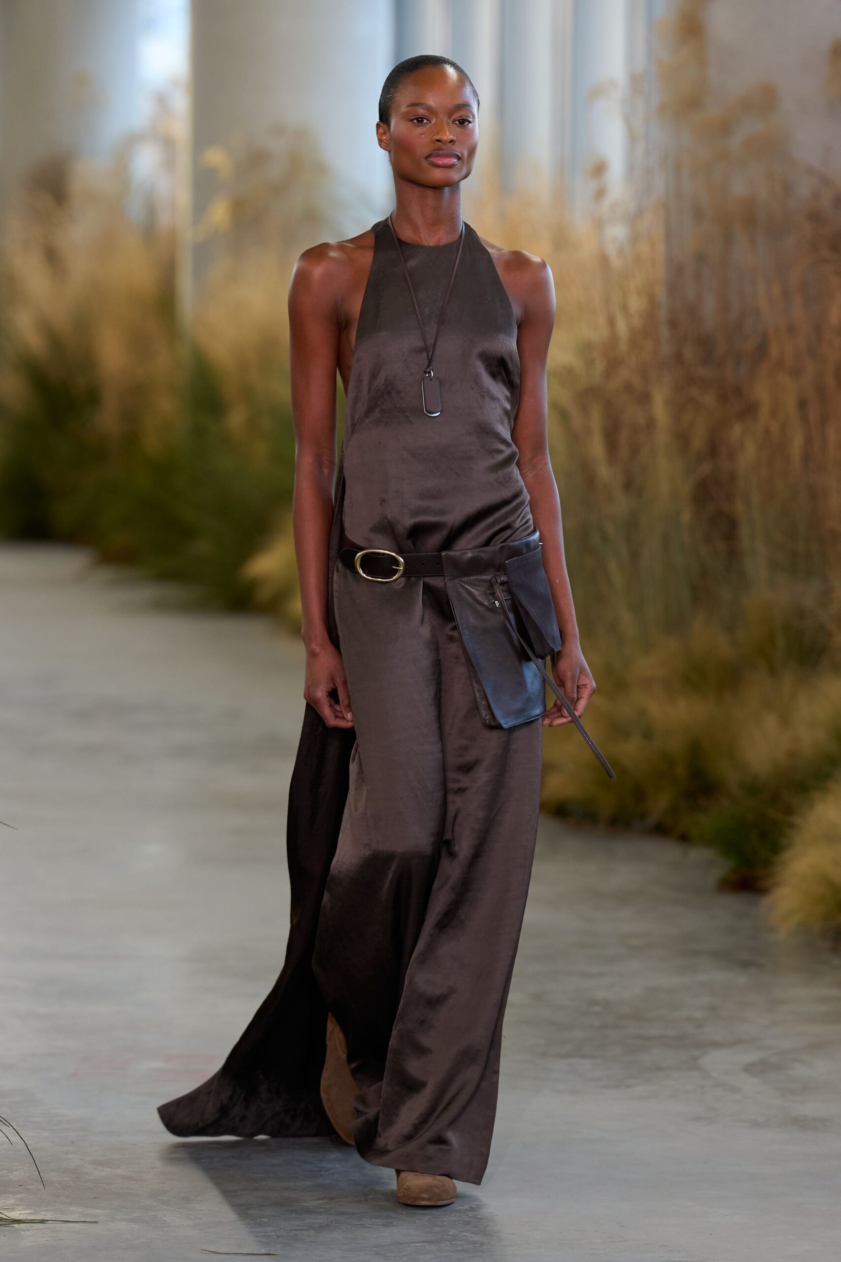 brown silk sleeveless halter fitted flowing maxi gown