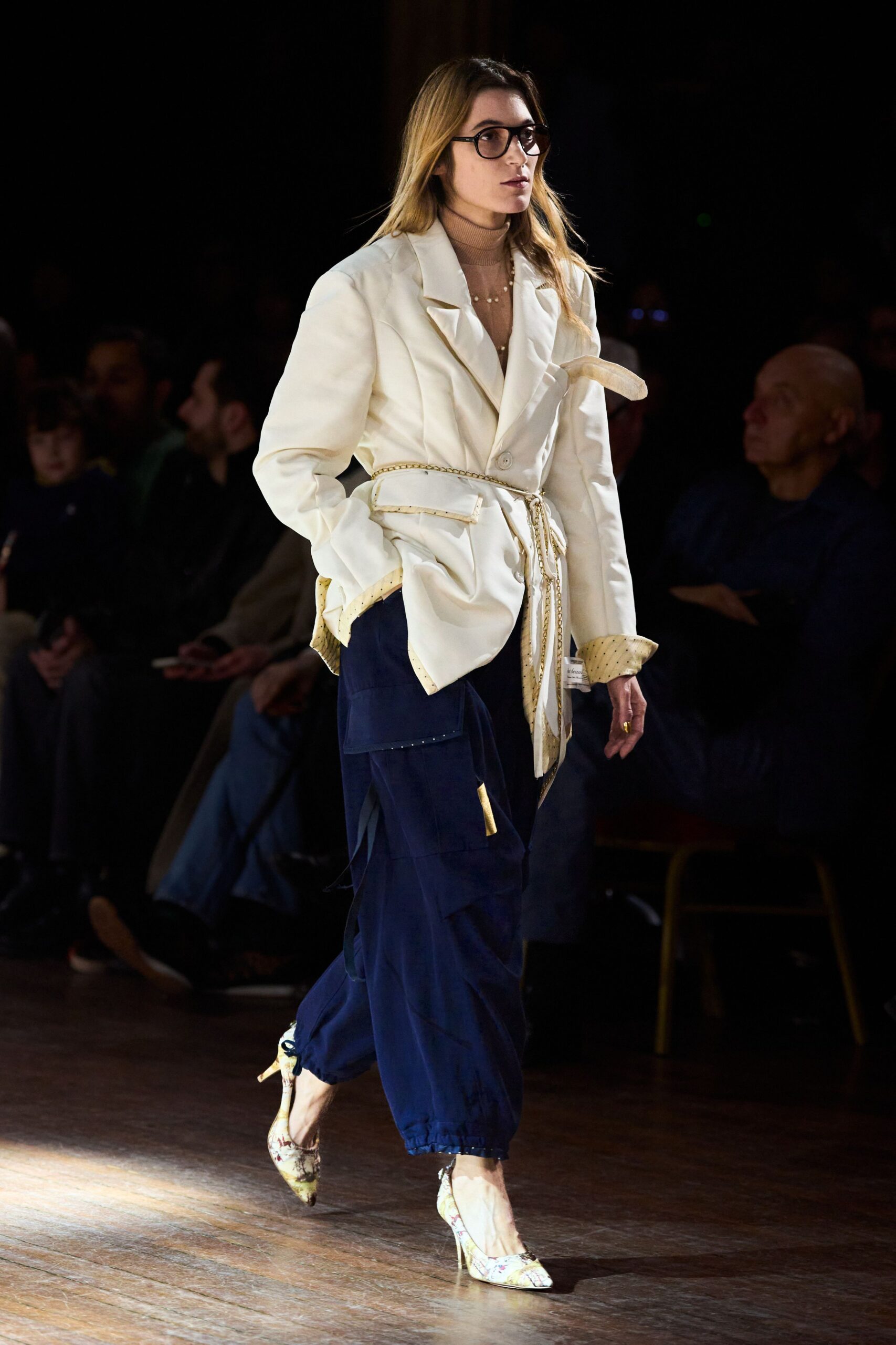 white belted blazer with cargo pants