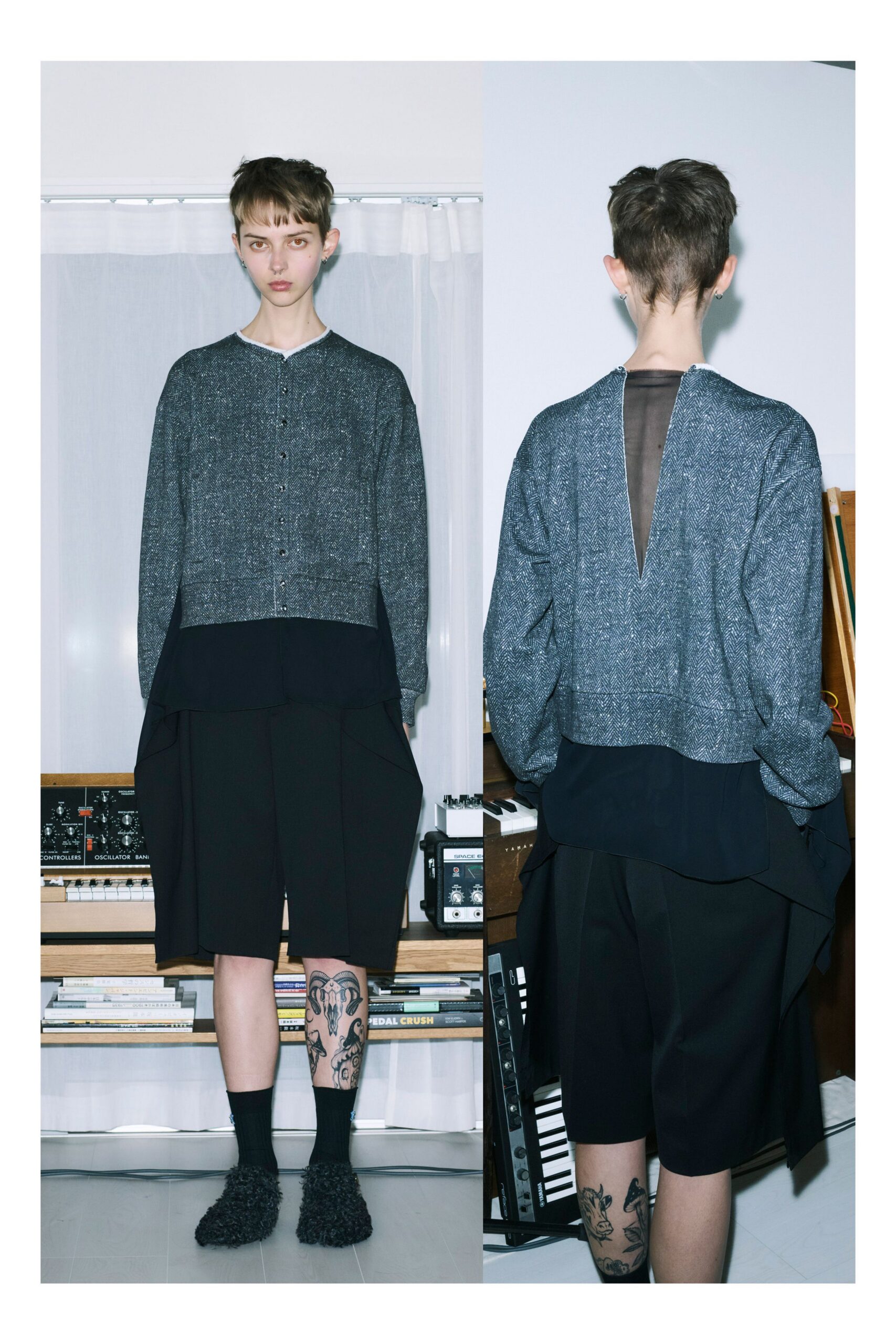 gray cotton long-sleeve collared relaxed buttoned layered shirt
