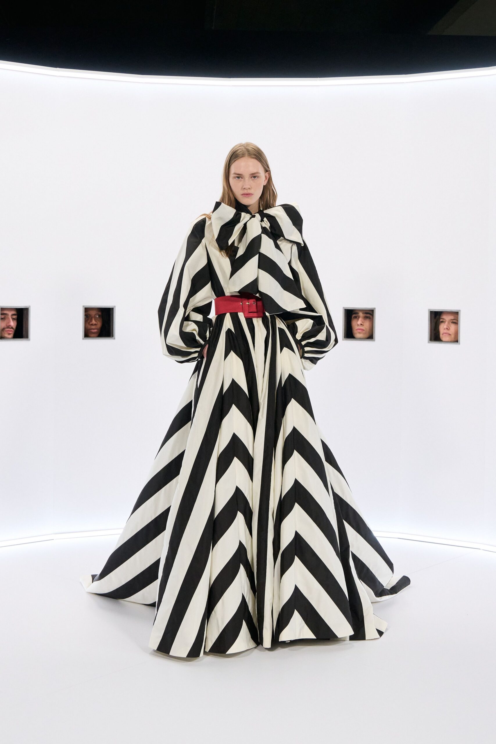 striped silk maxi gown with red belt