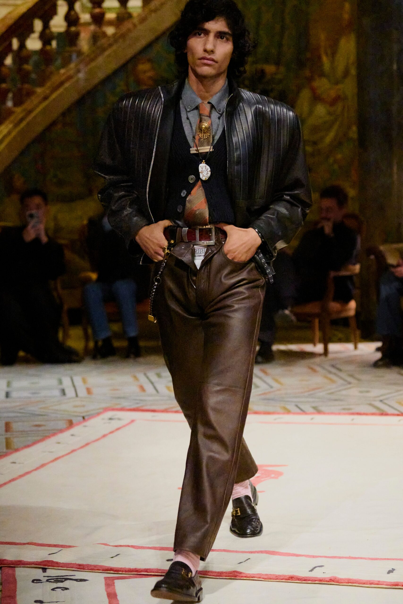 brown leather slim straight-leg pants