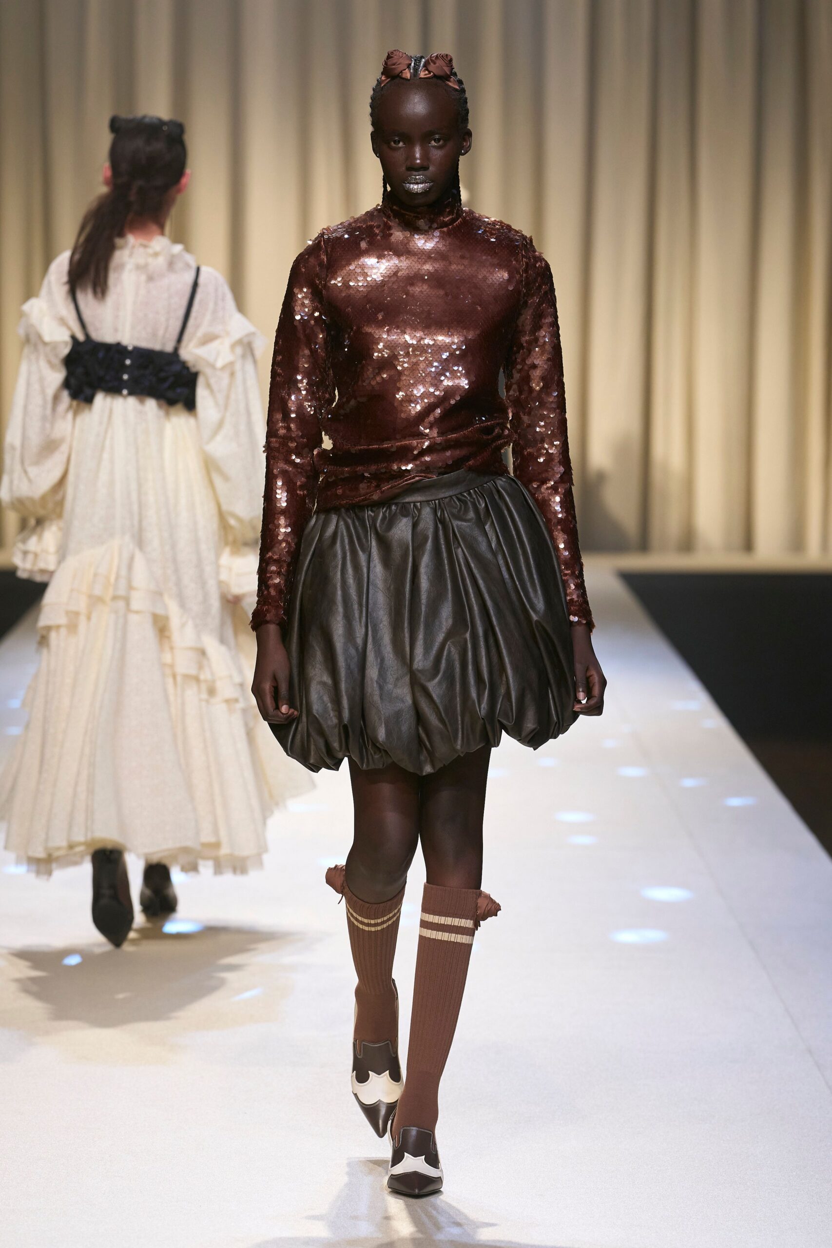brown sequin long-sleeve high-neck fitted shiny top