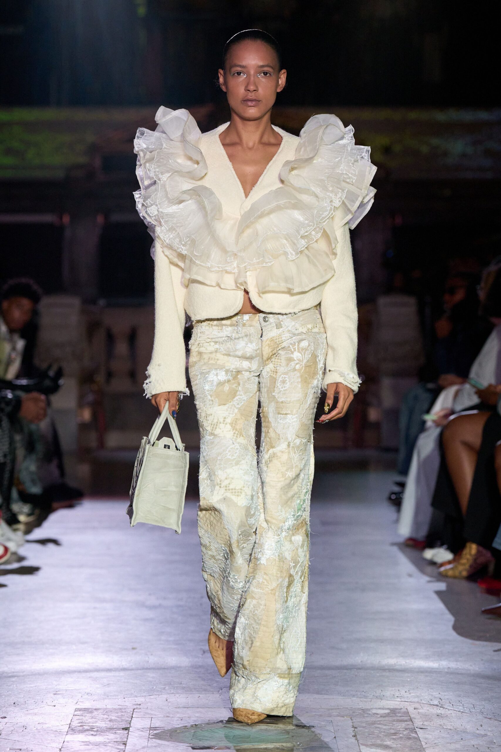 white cotton long-sleeve collared fitted ruffled jacket