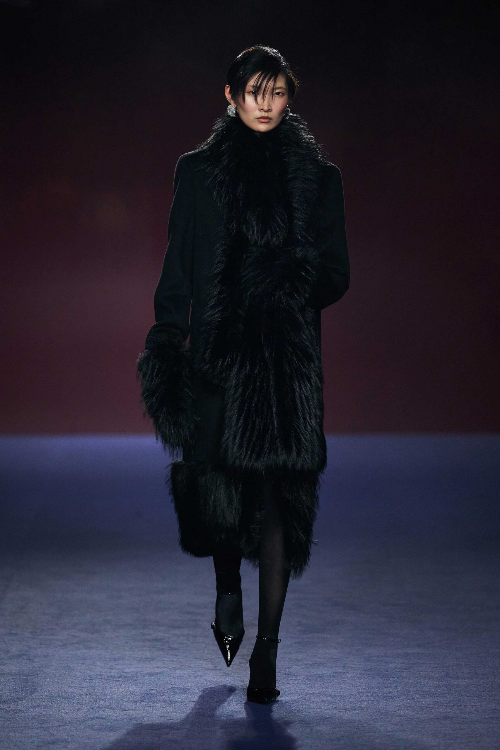 black faux-fur coat and shoes