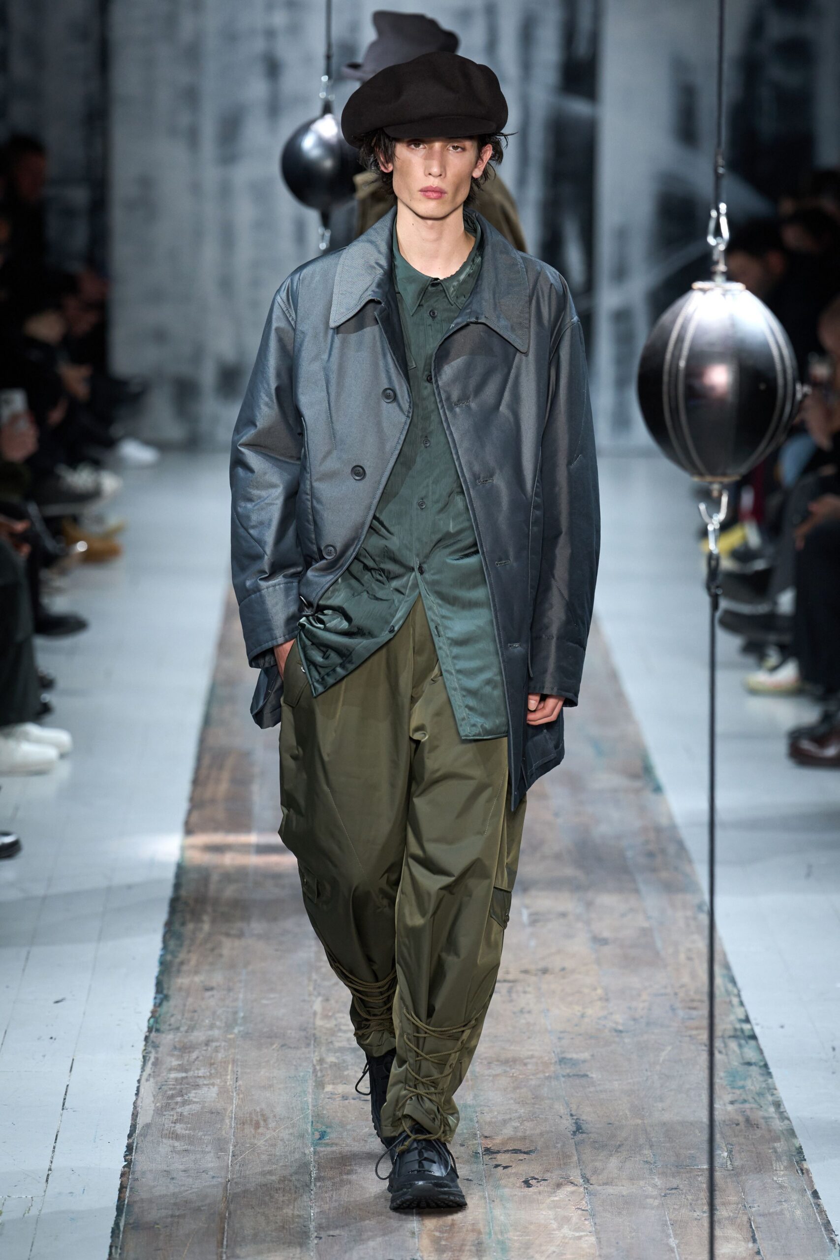 gray jacket green shirt olive pants