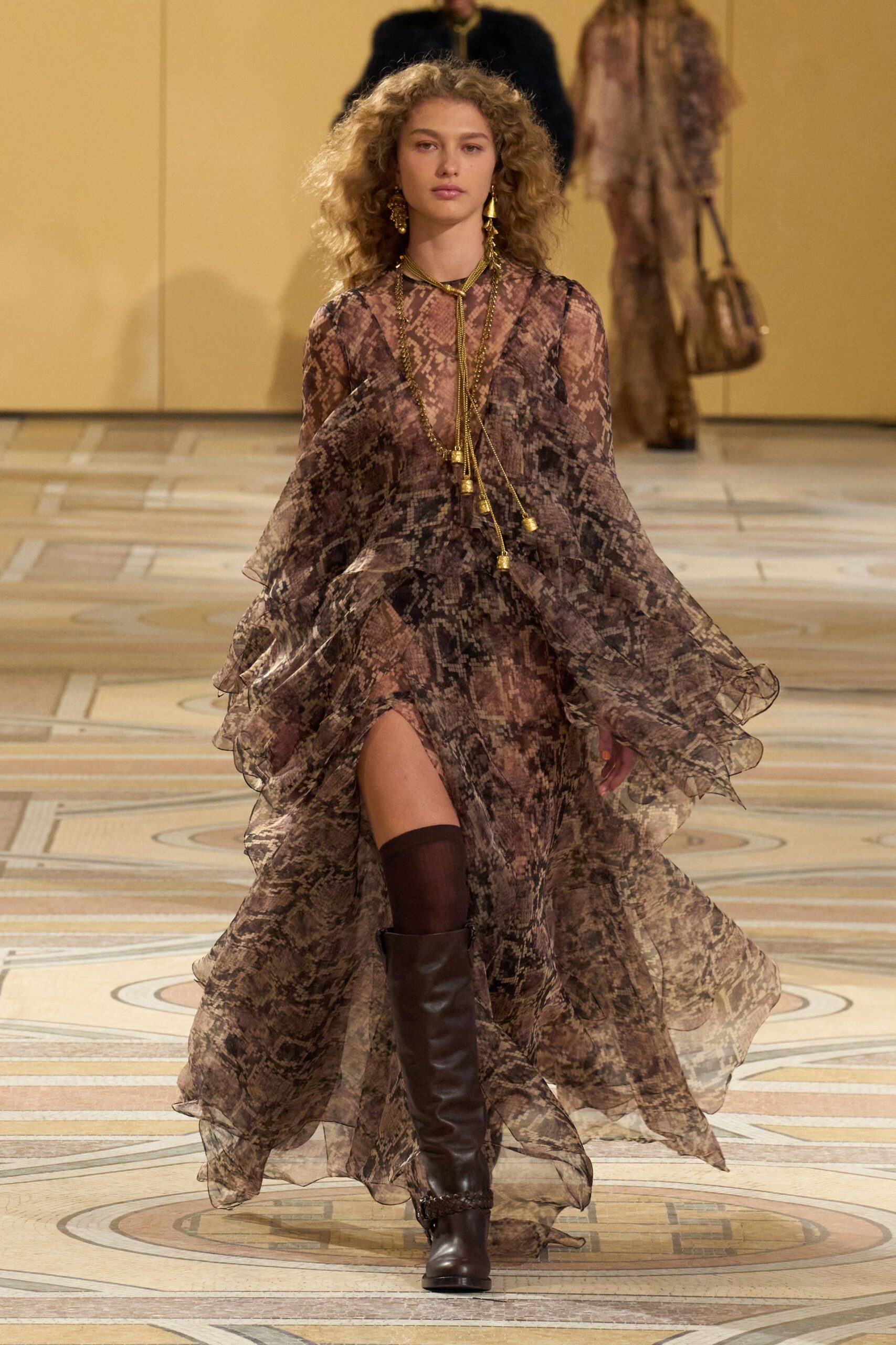 brown silk long-sleeve v-neck fitted flared printed dress