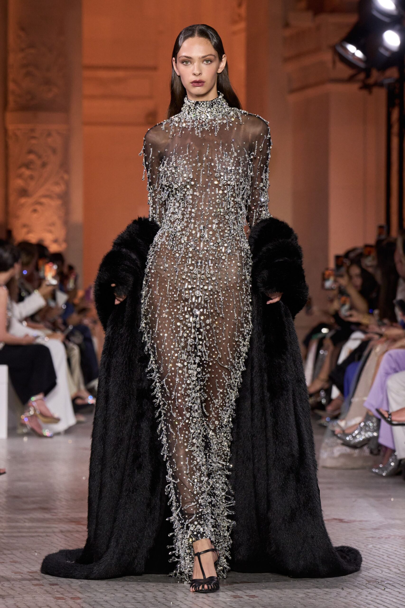 black silk long-sleeve high-neck fitted beaded gown
