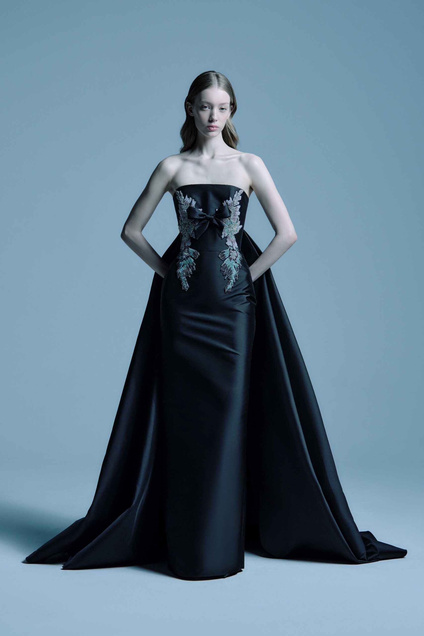black silk strapless gown