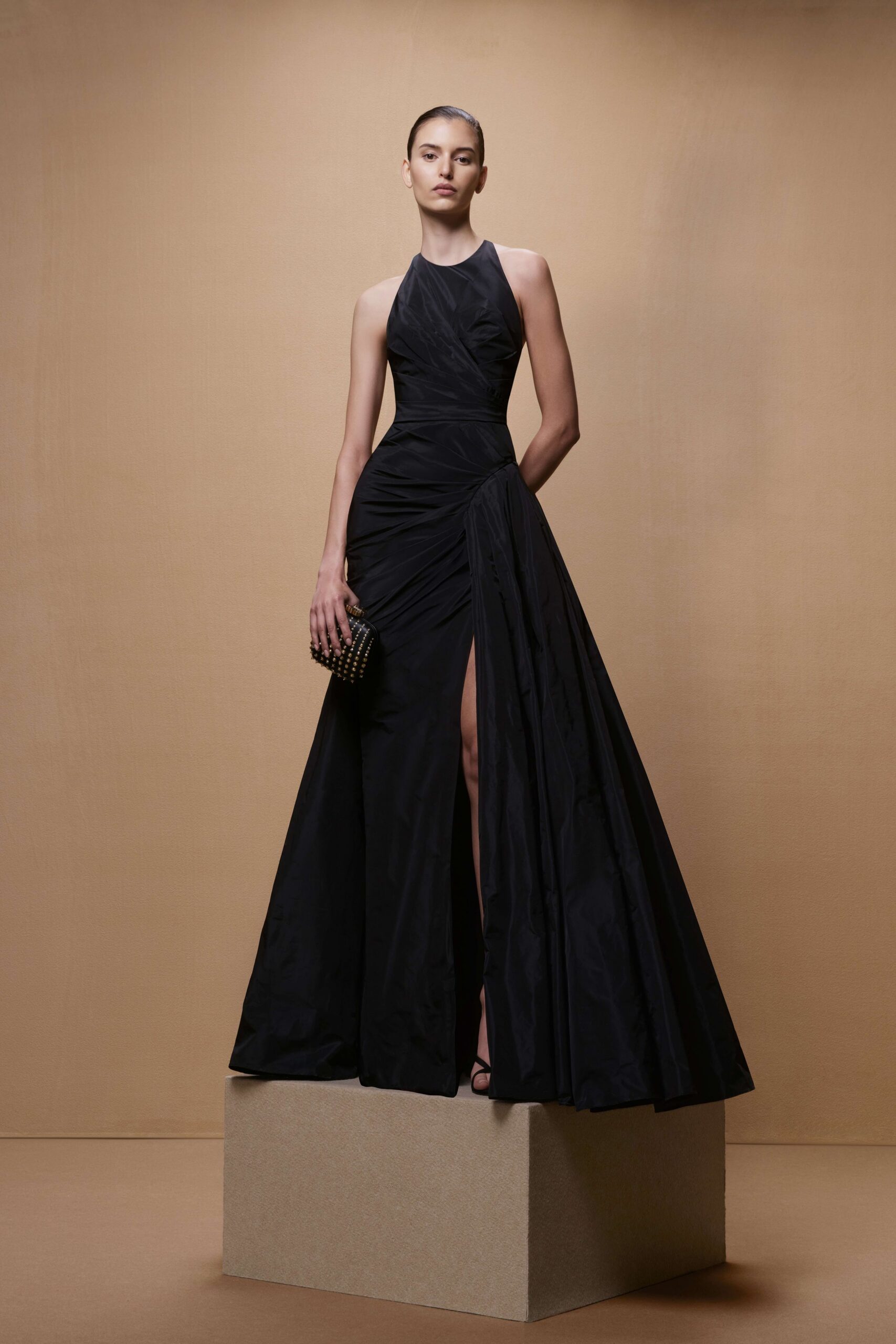 black silk sleeveless gown