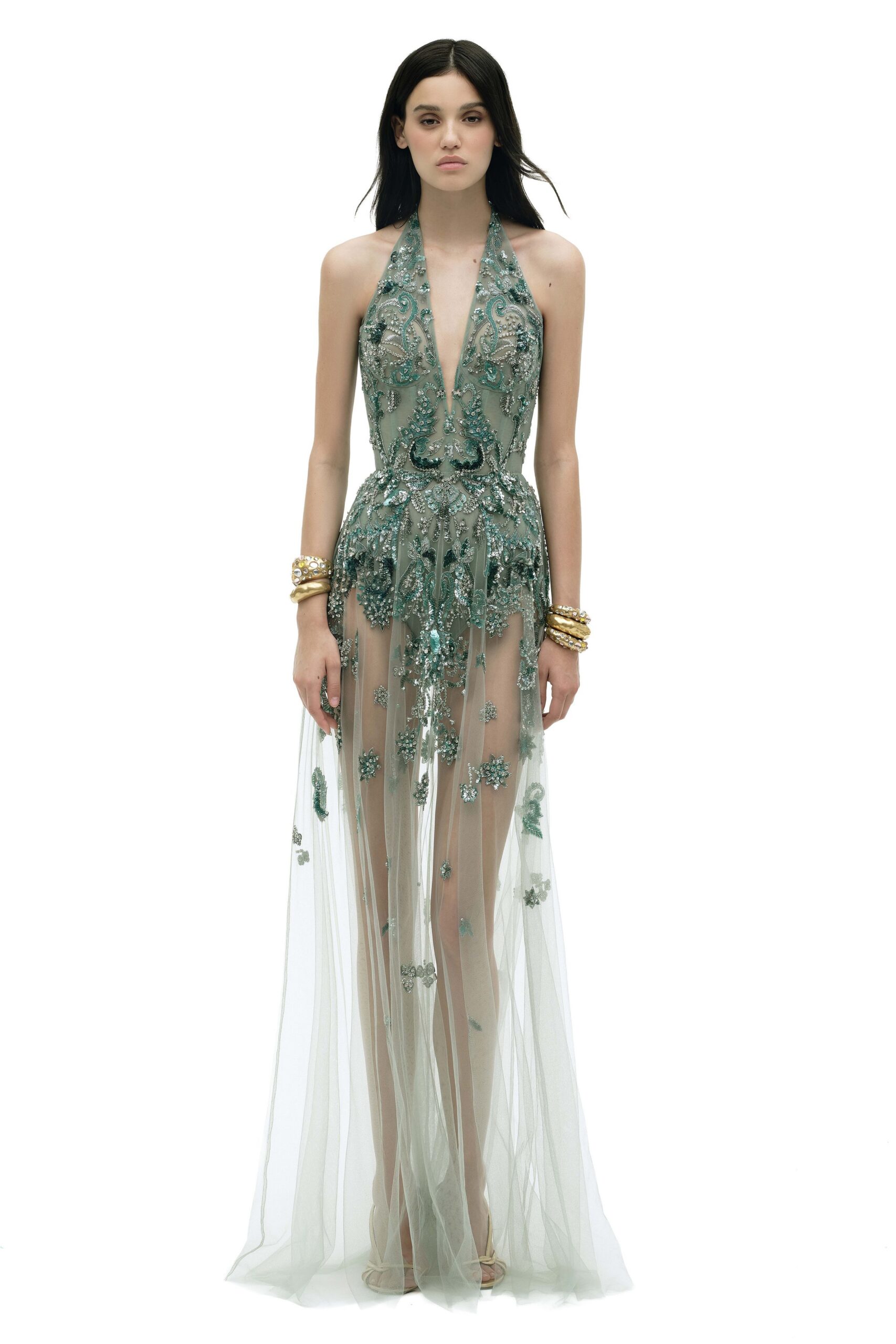 green silk sleeveless v-neck fitted embroidered layered gown