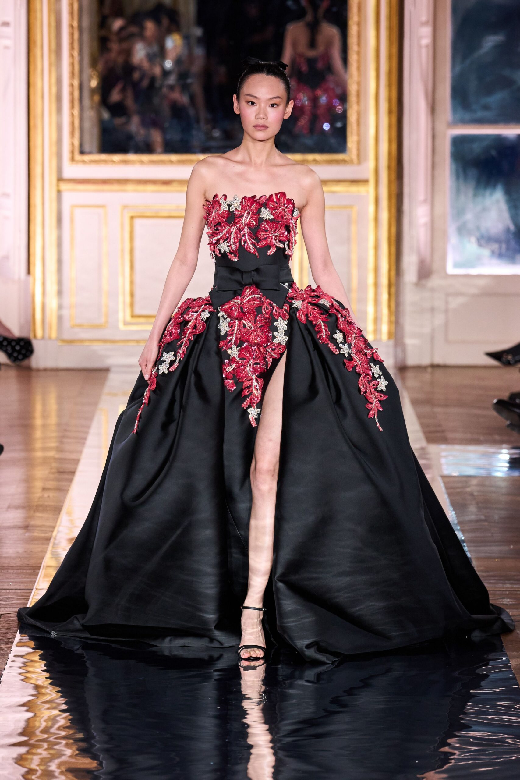 black silk strapless high-neck fitted embroidered flared gown