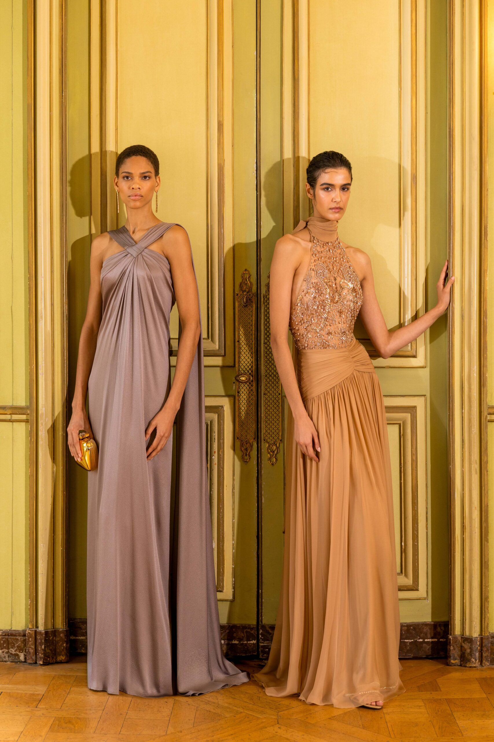gray and beige maxi gowns