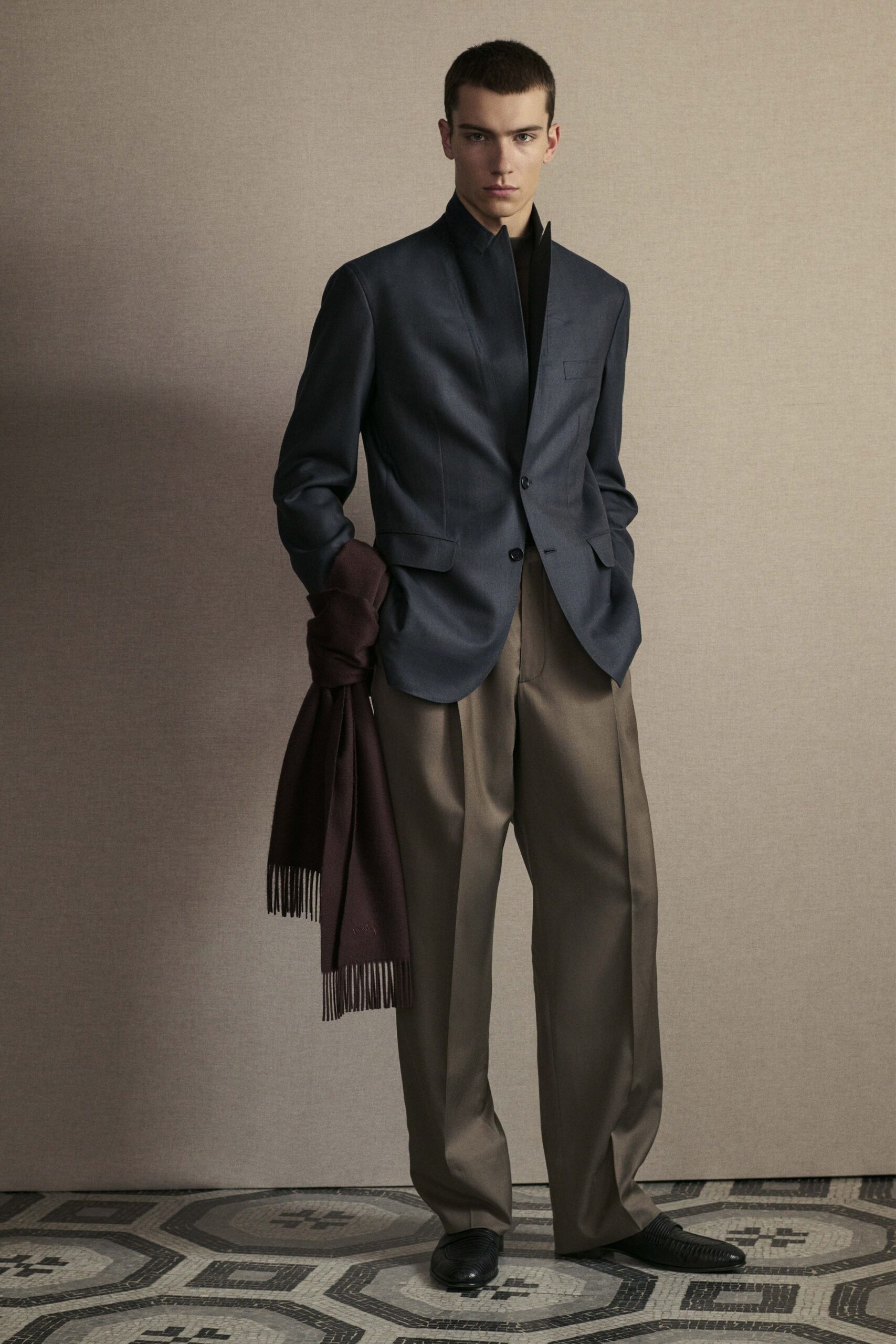 navy blazer with brown pants