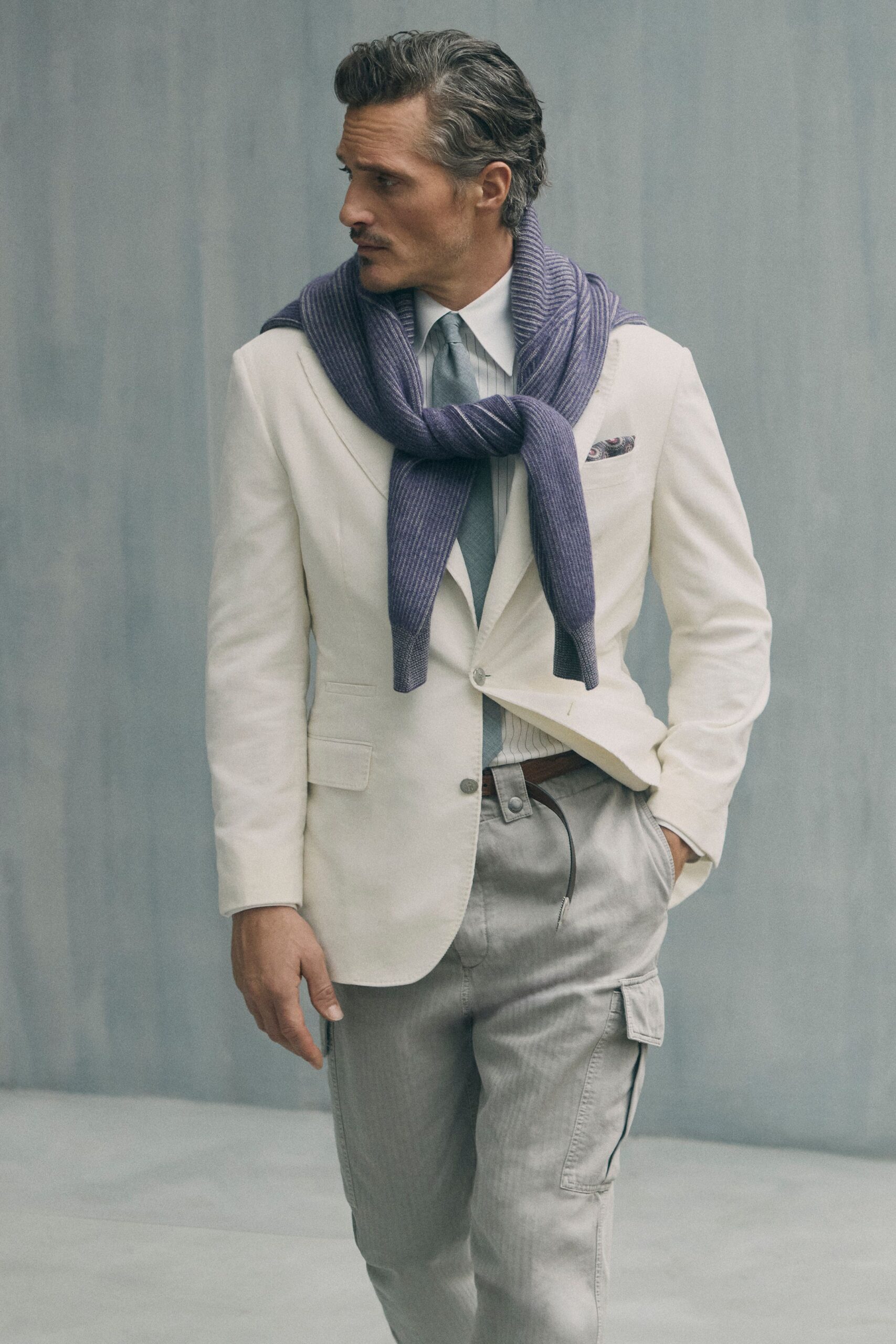 white tailored blazer with purple scarf