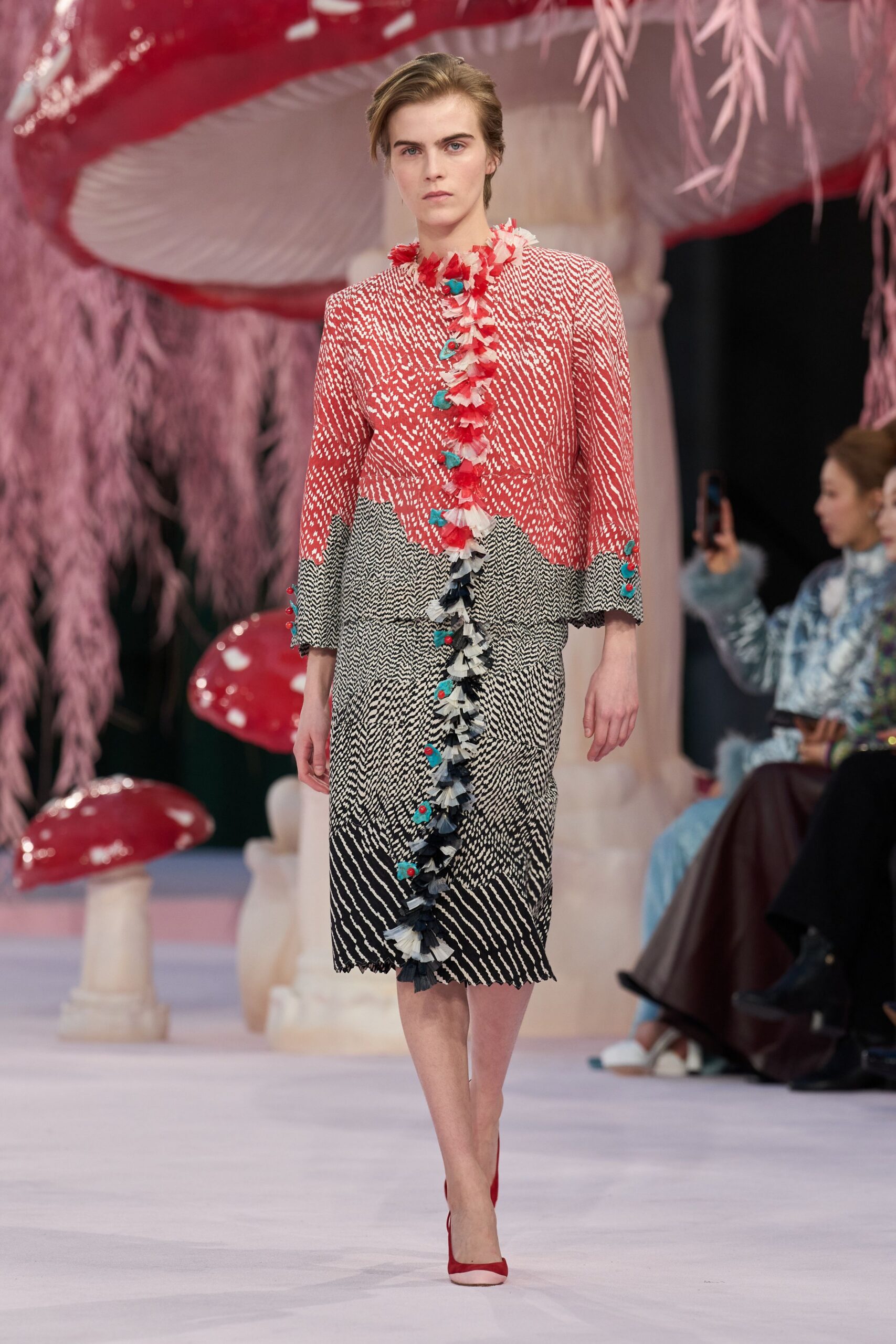 red silk long-sleeve collared fitted embroidered layered dress