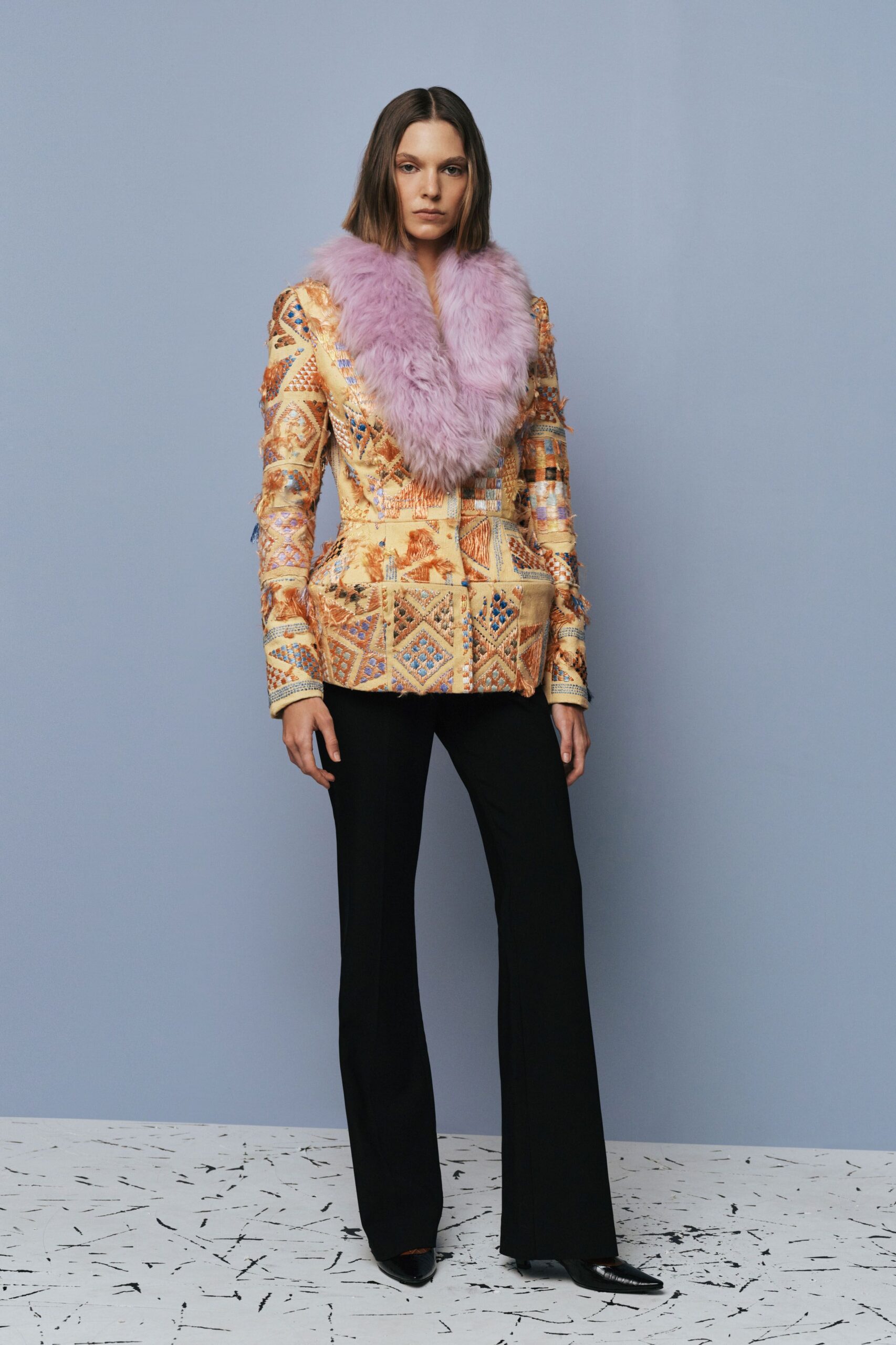 gold silk long-sleeve collared tailored embroidered fringed blazer