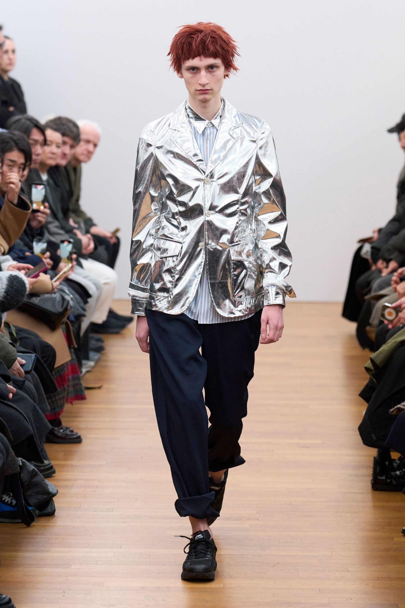 gray metallic long-sleeve collared structured zippered shiny jacket