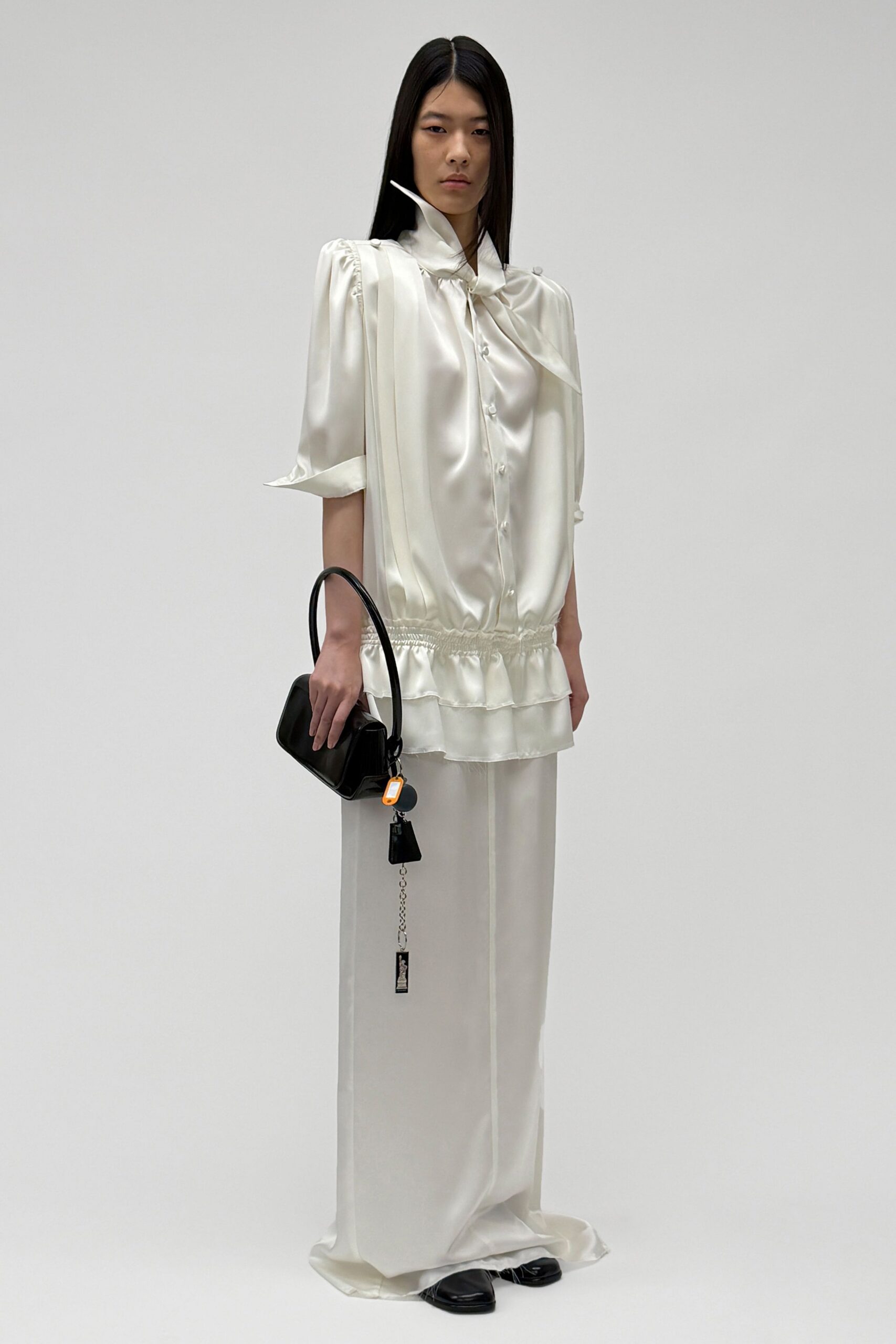 white silk short-sleeve collared relaxed pleated shiny top