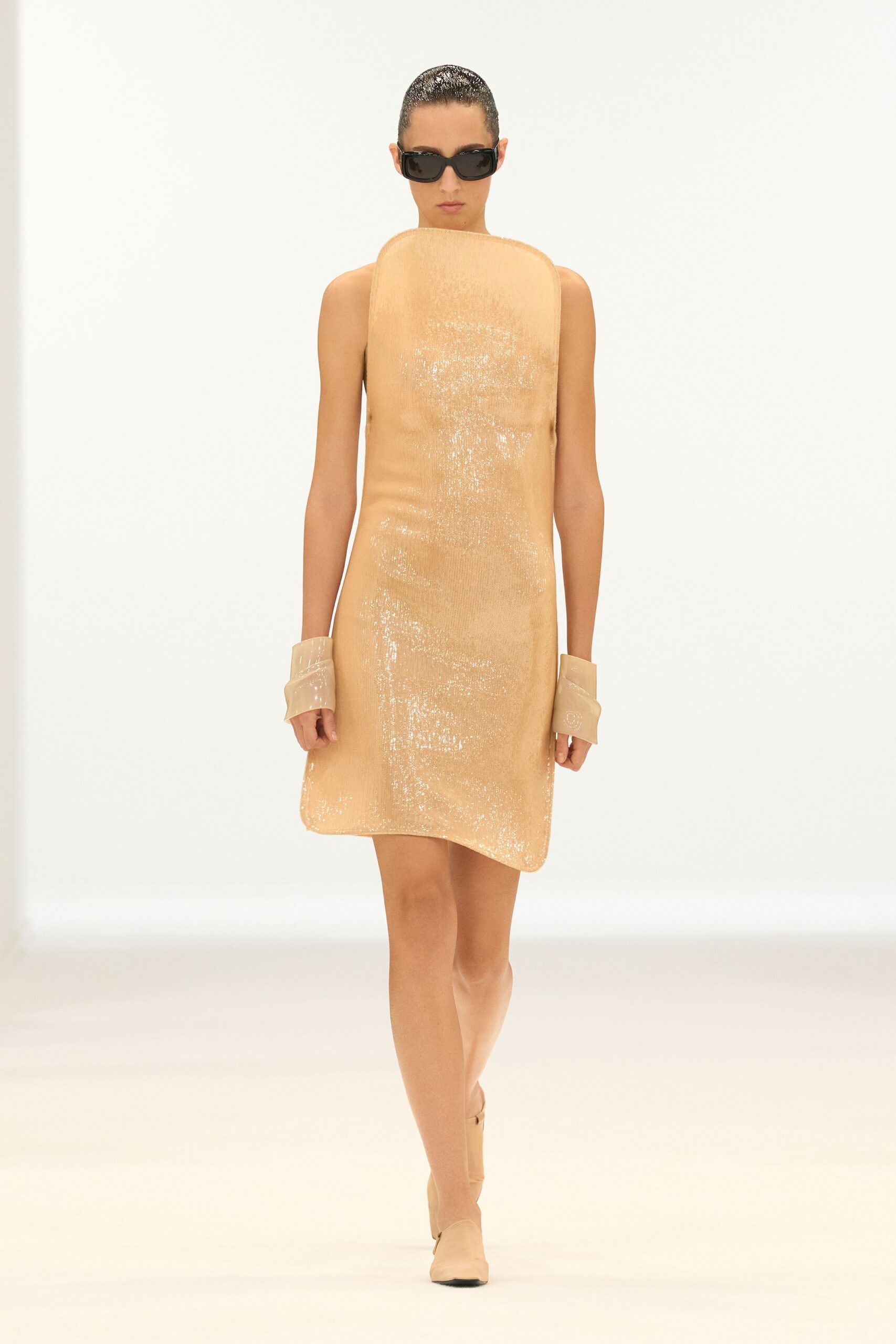 beige sleeveless fitted sequined straight-leg shiny mini dress